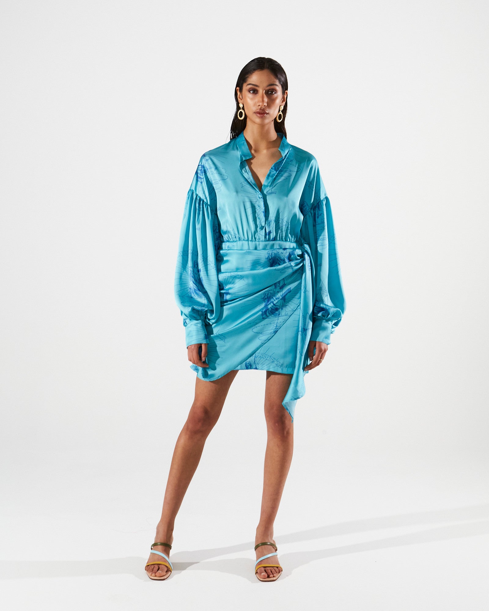 Ananke satin printed turquoise mini dress