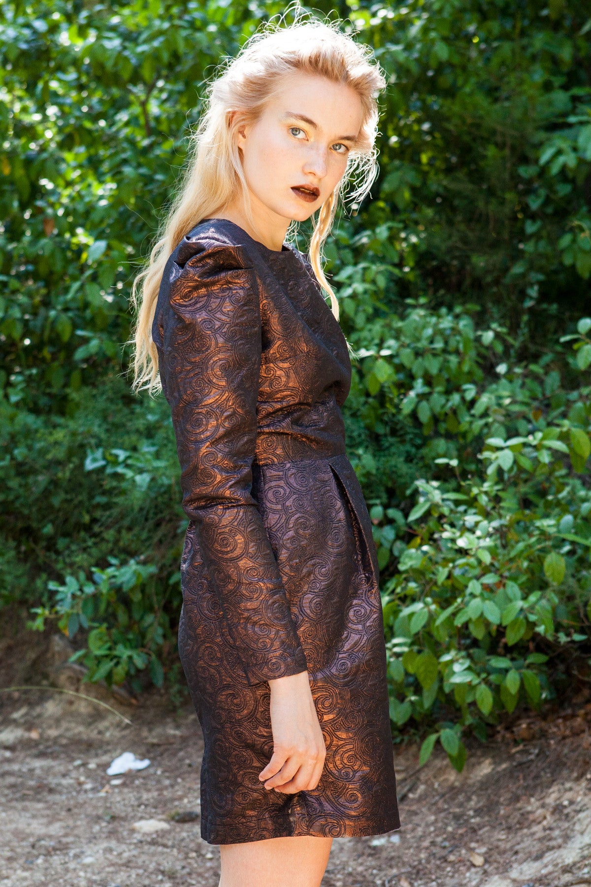 Carya puff sleeve brocade dress