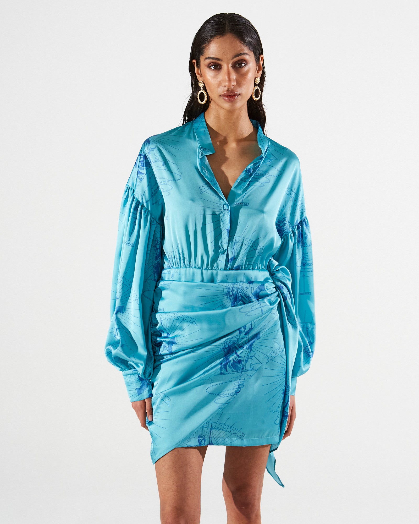 Ananke satin printed turquoise mini dress