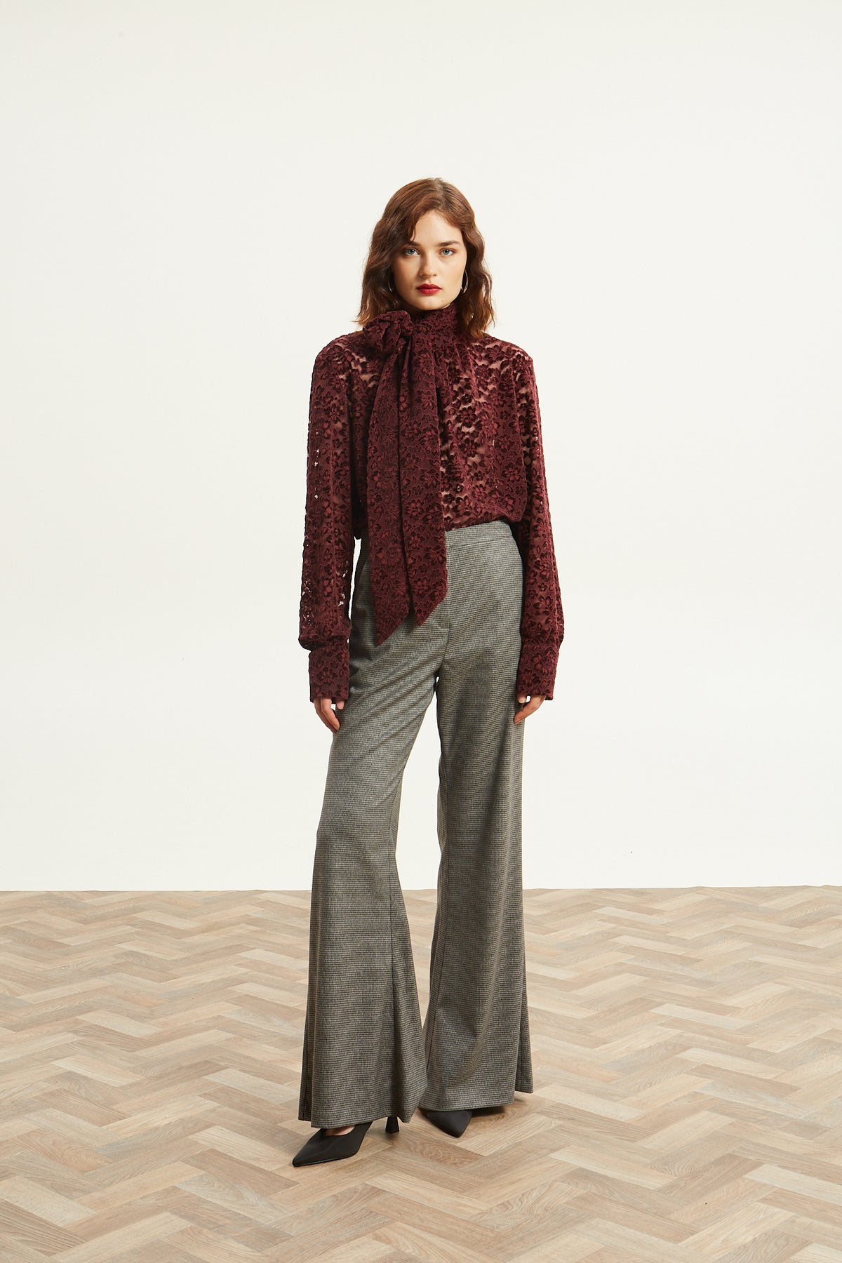Davina lace tie neck bordeuax top