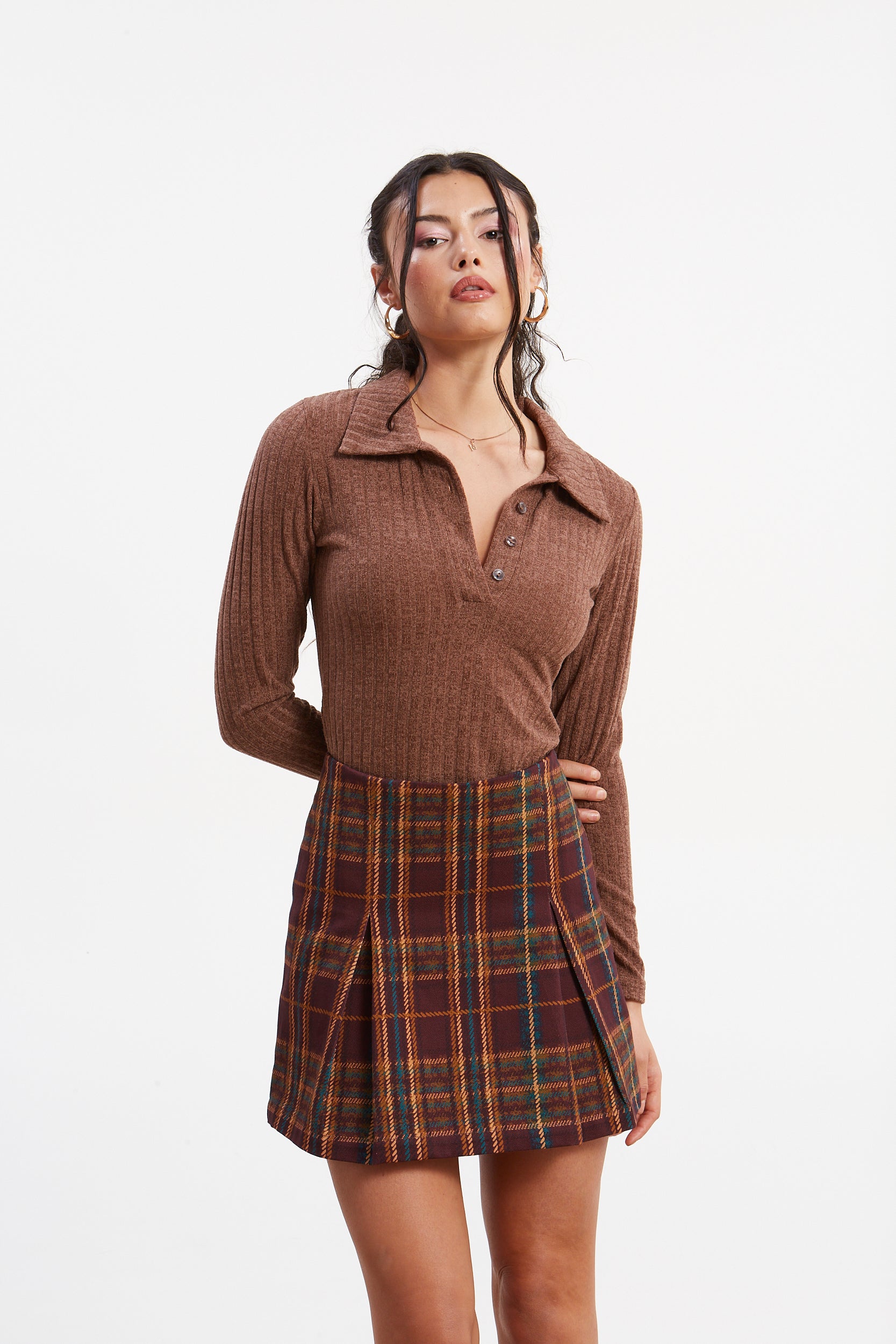 Matilda rib knit camel polo top
