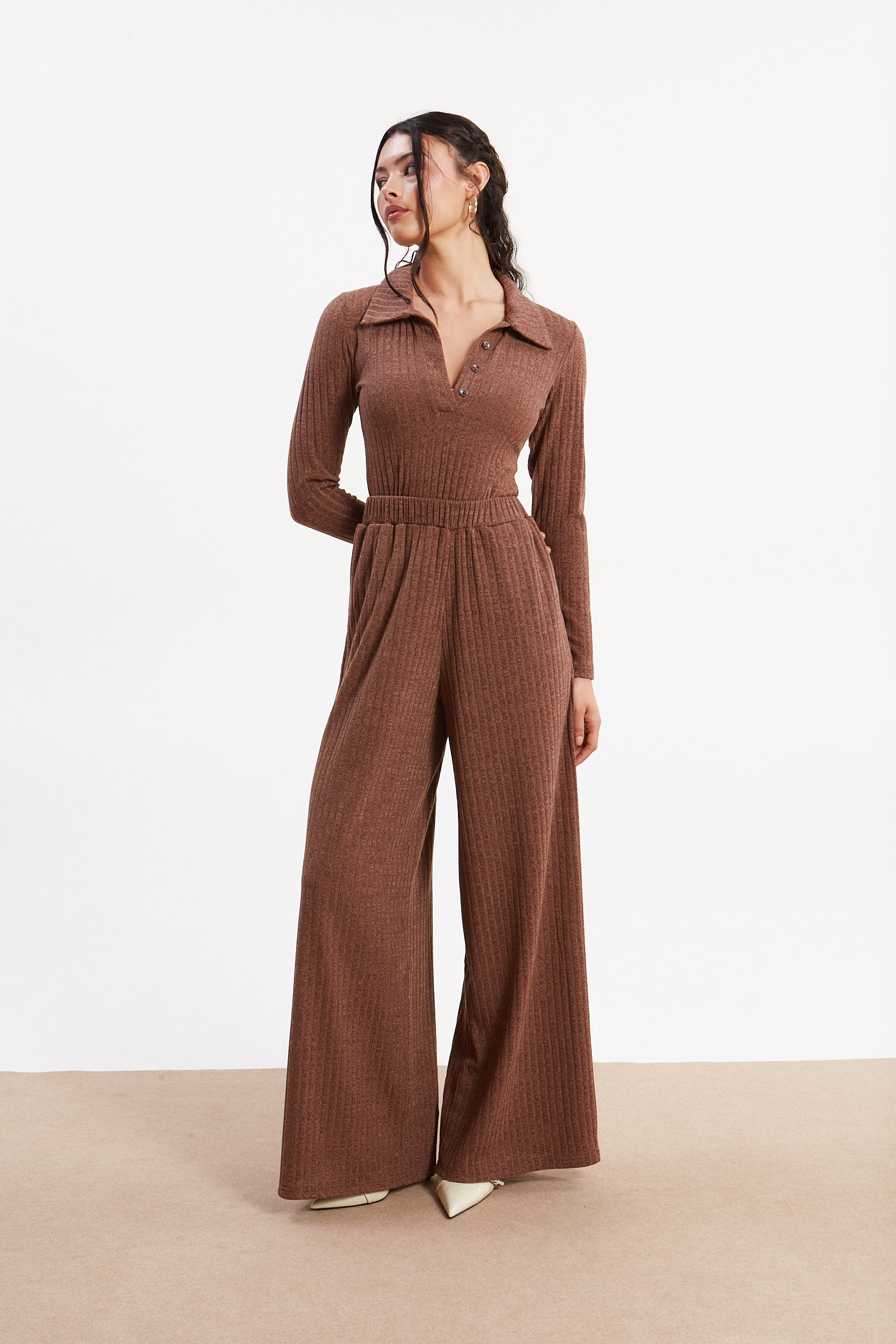 Matilda rib knit camel polo top