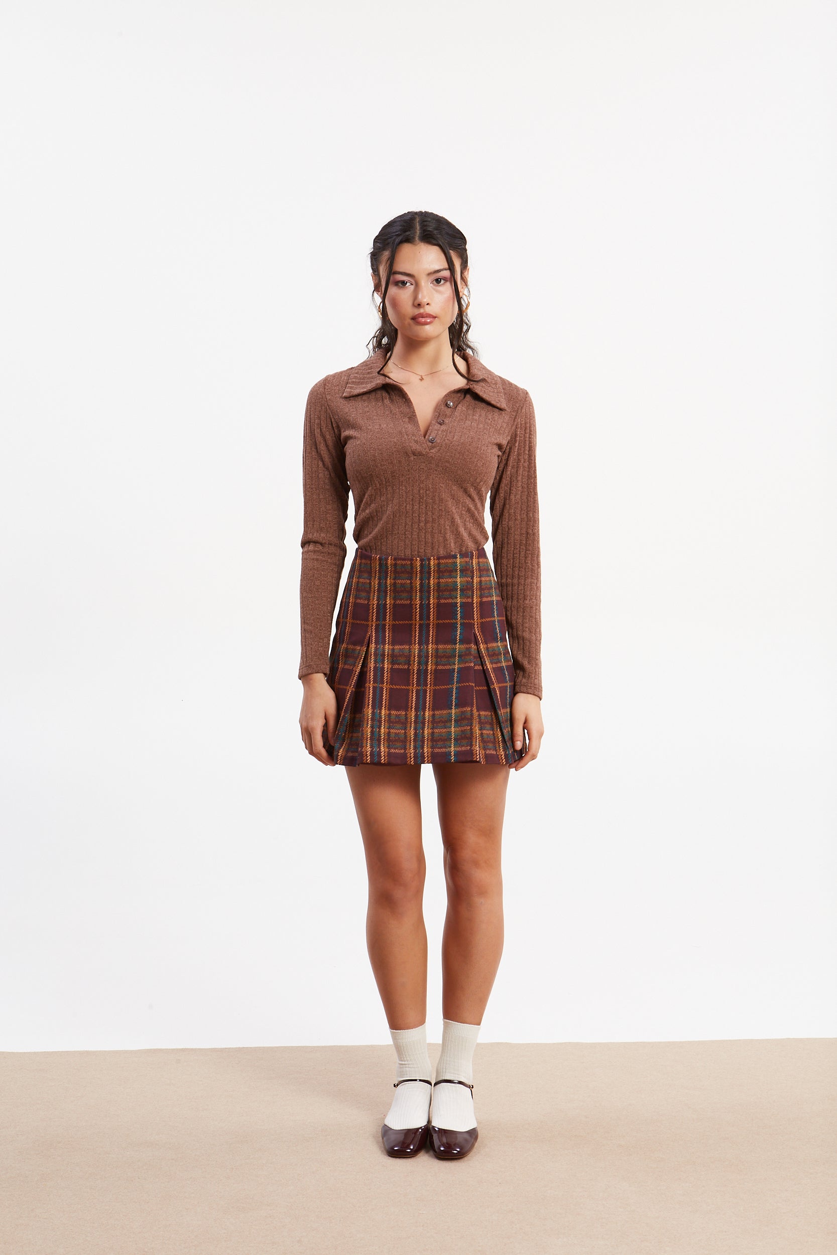 Matilda rib knit camel polo top