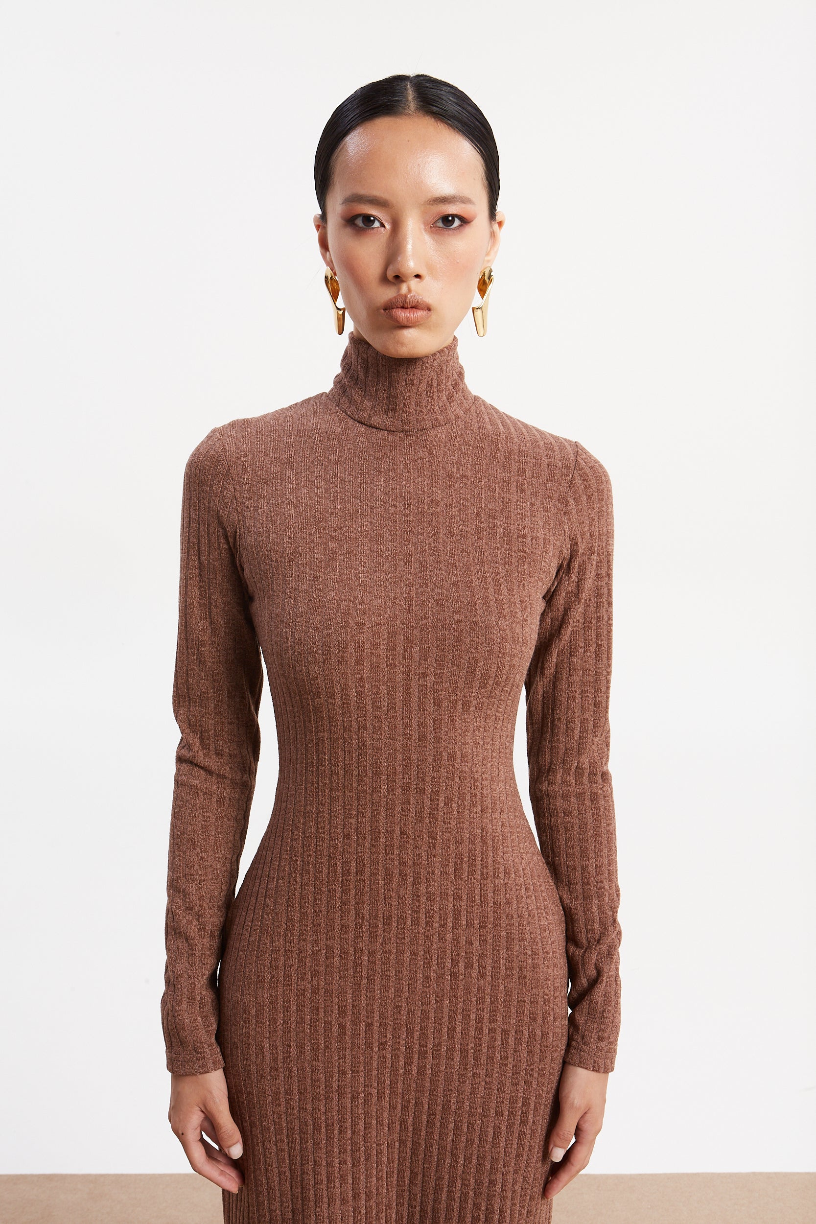 Matilda rib knit turtleneck camel dress