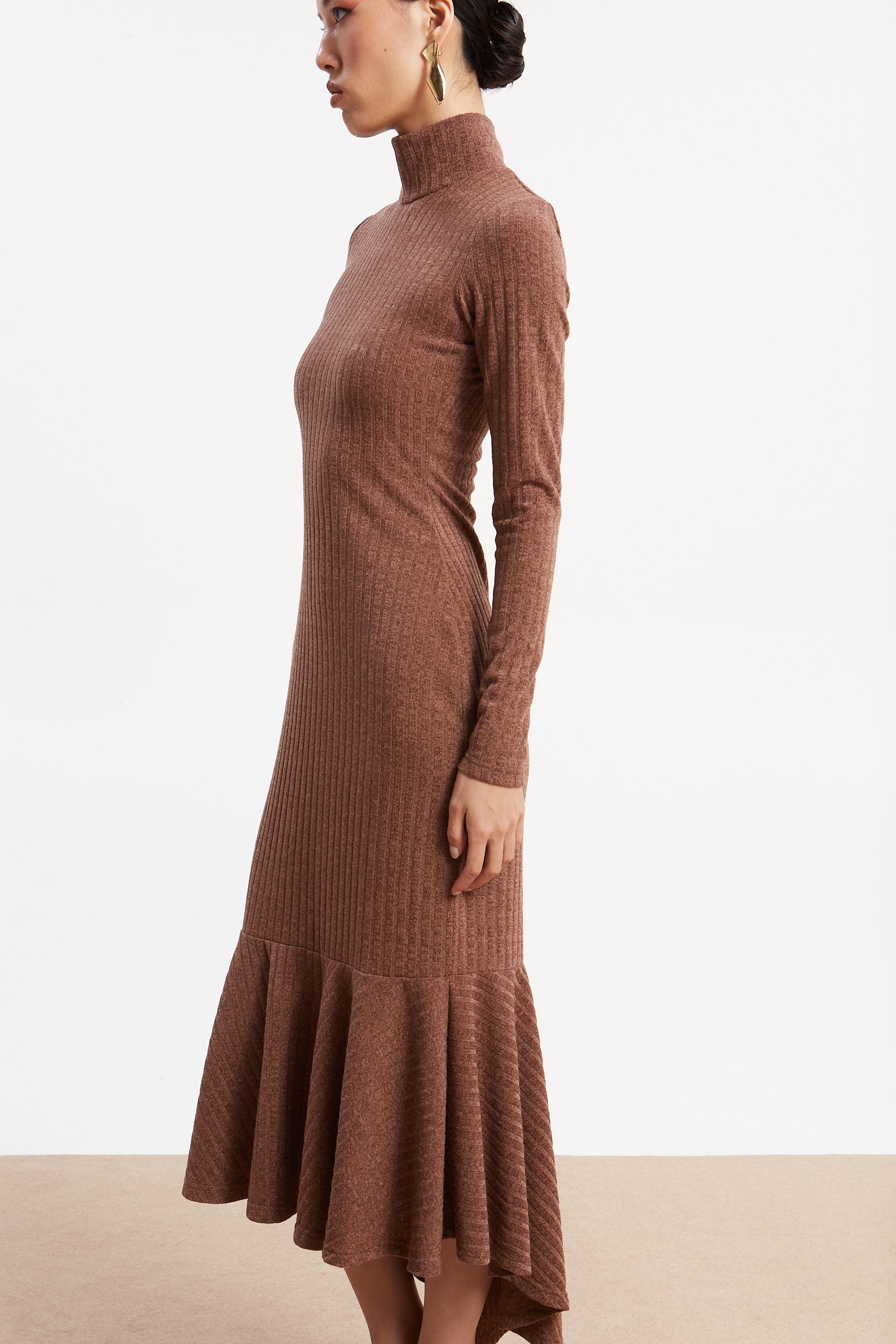 Matilda rib knit turtleneck camel dress