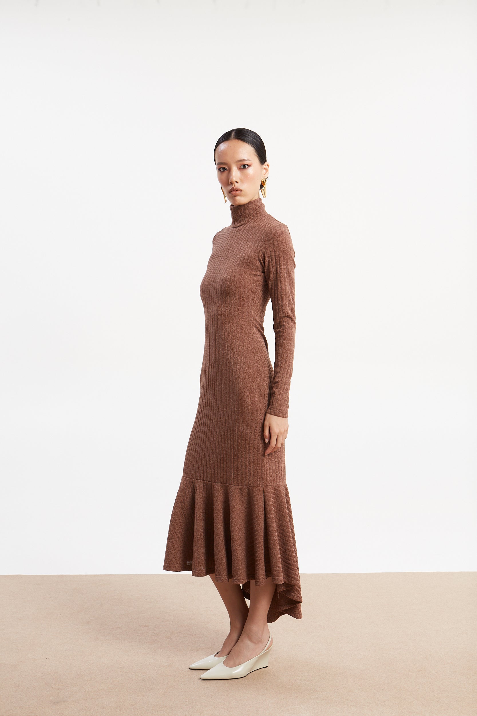 Matilda rib knit turtleneck camel dress
