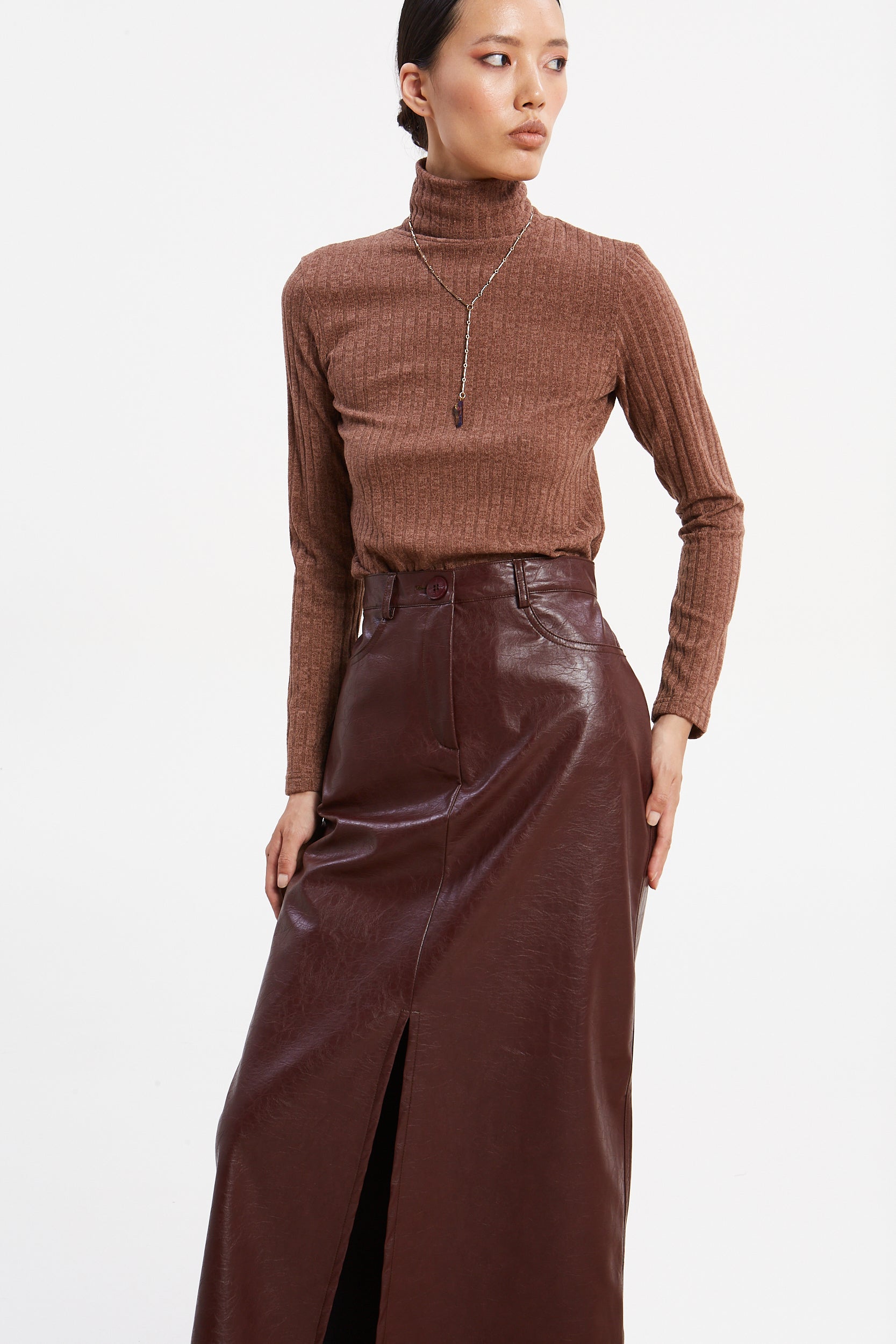Matilda rib knit turtleneck camel top