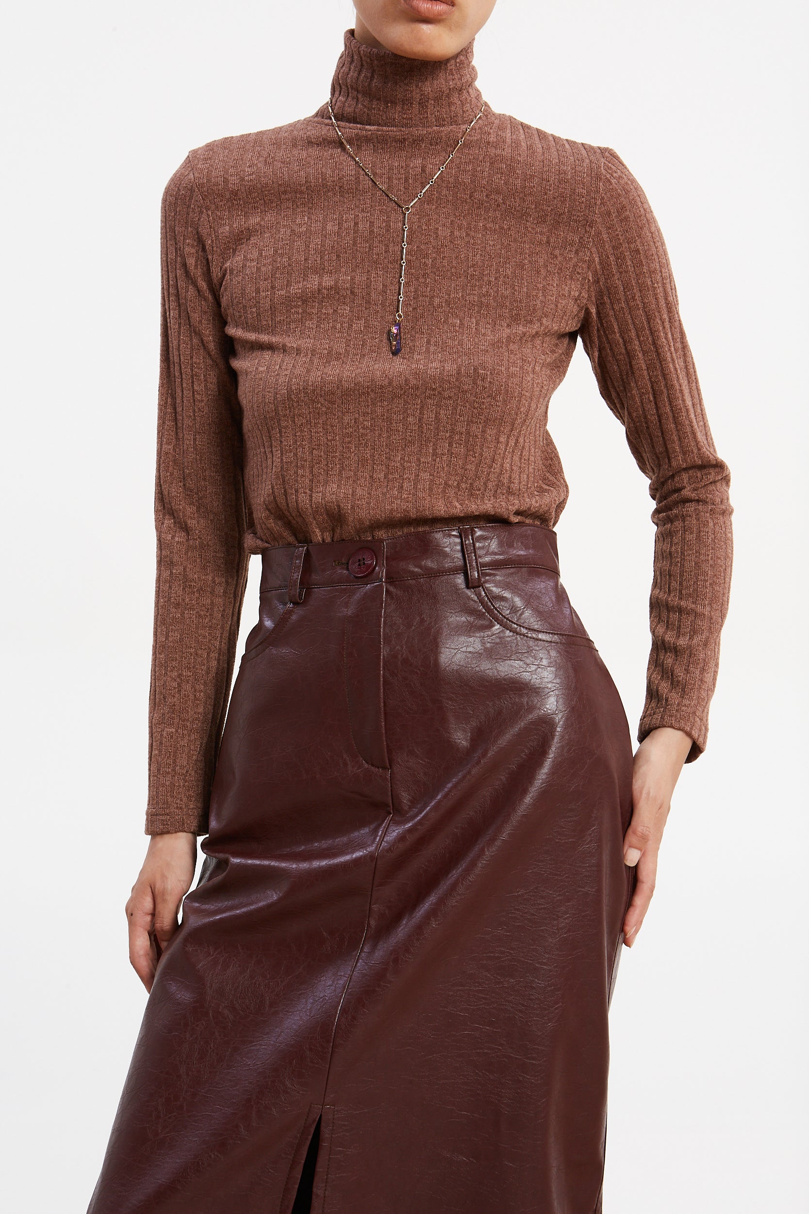 Matilda rib knit turtleneck camel top