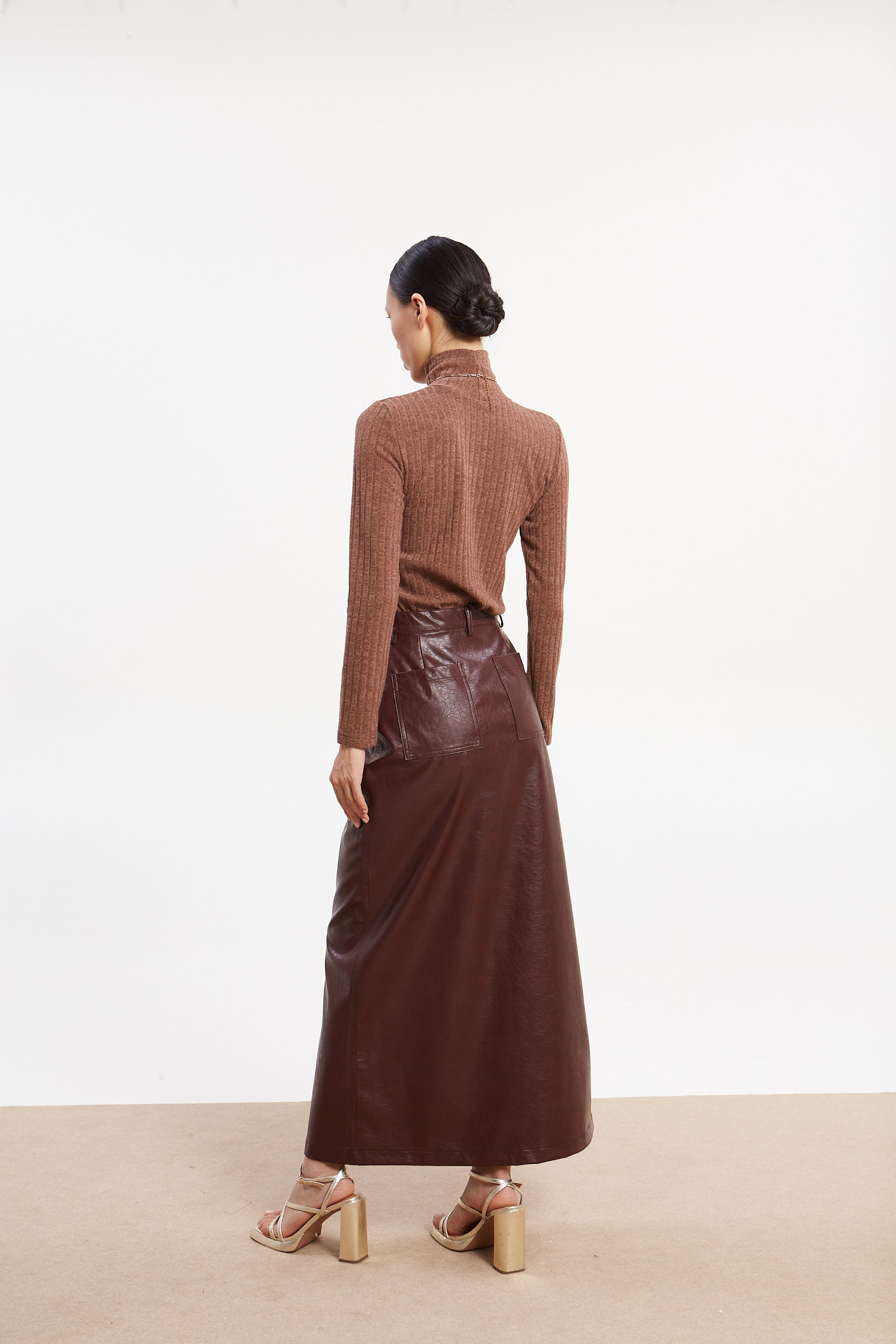 Matilda rib knit turtleneck camel top