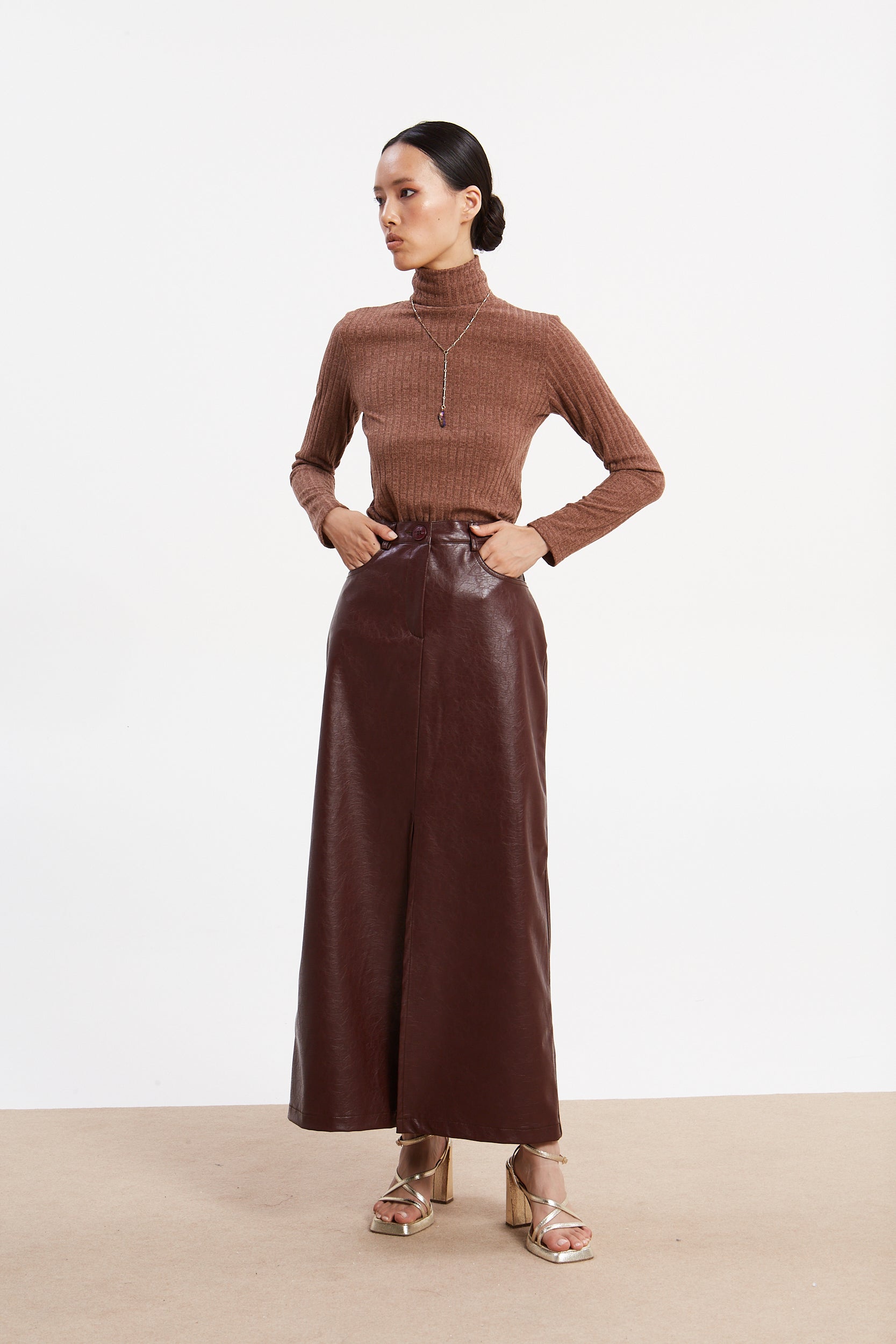 Matilda rib knit turtleneck camel top