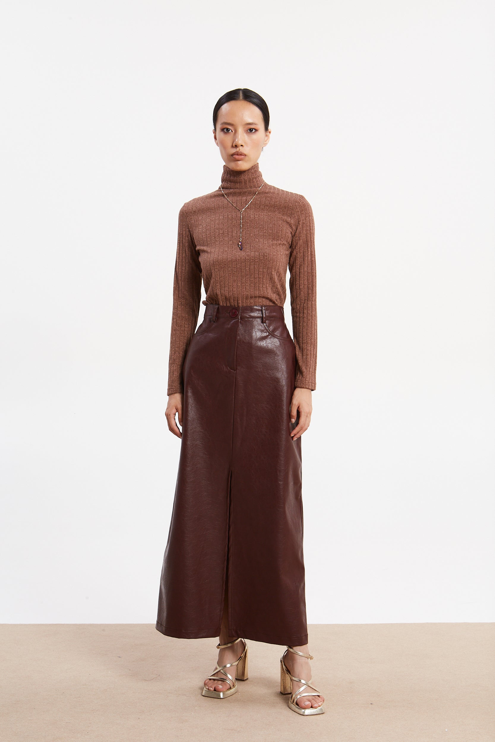 Matilda rib knit turtleneck camel top