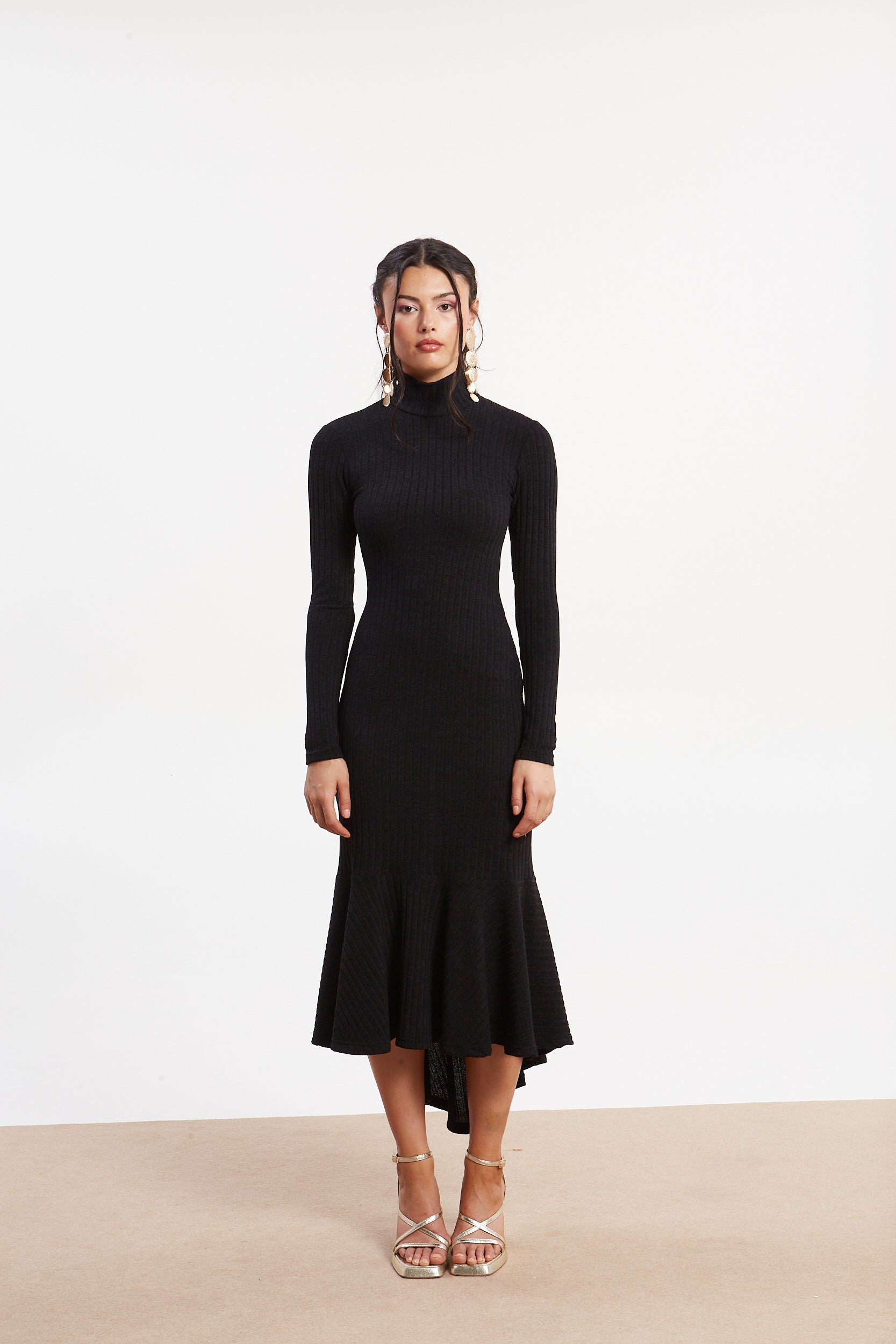 Matilda rib knit turtleneck black dress