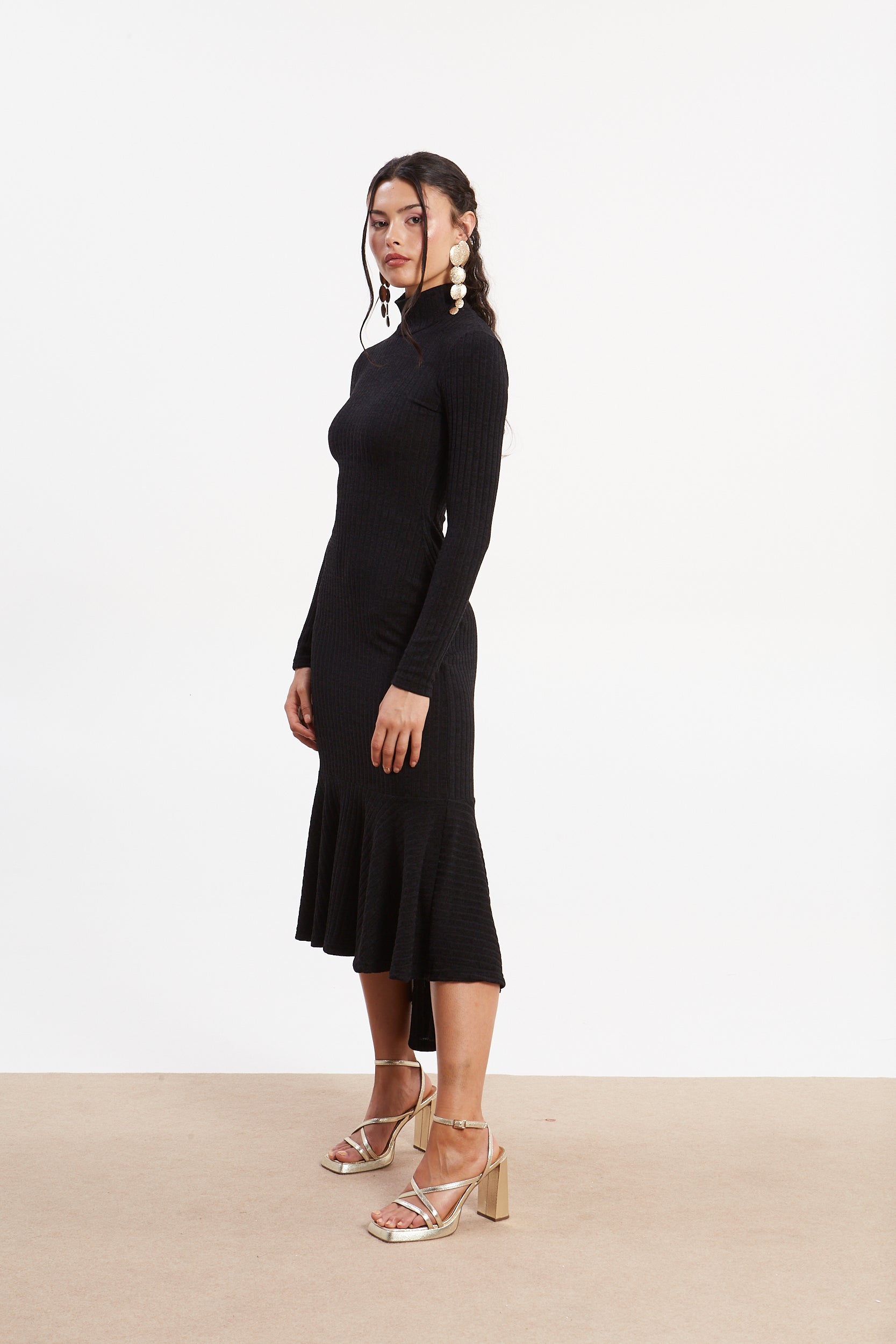 Matilda rib knit turtleneck black dress