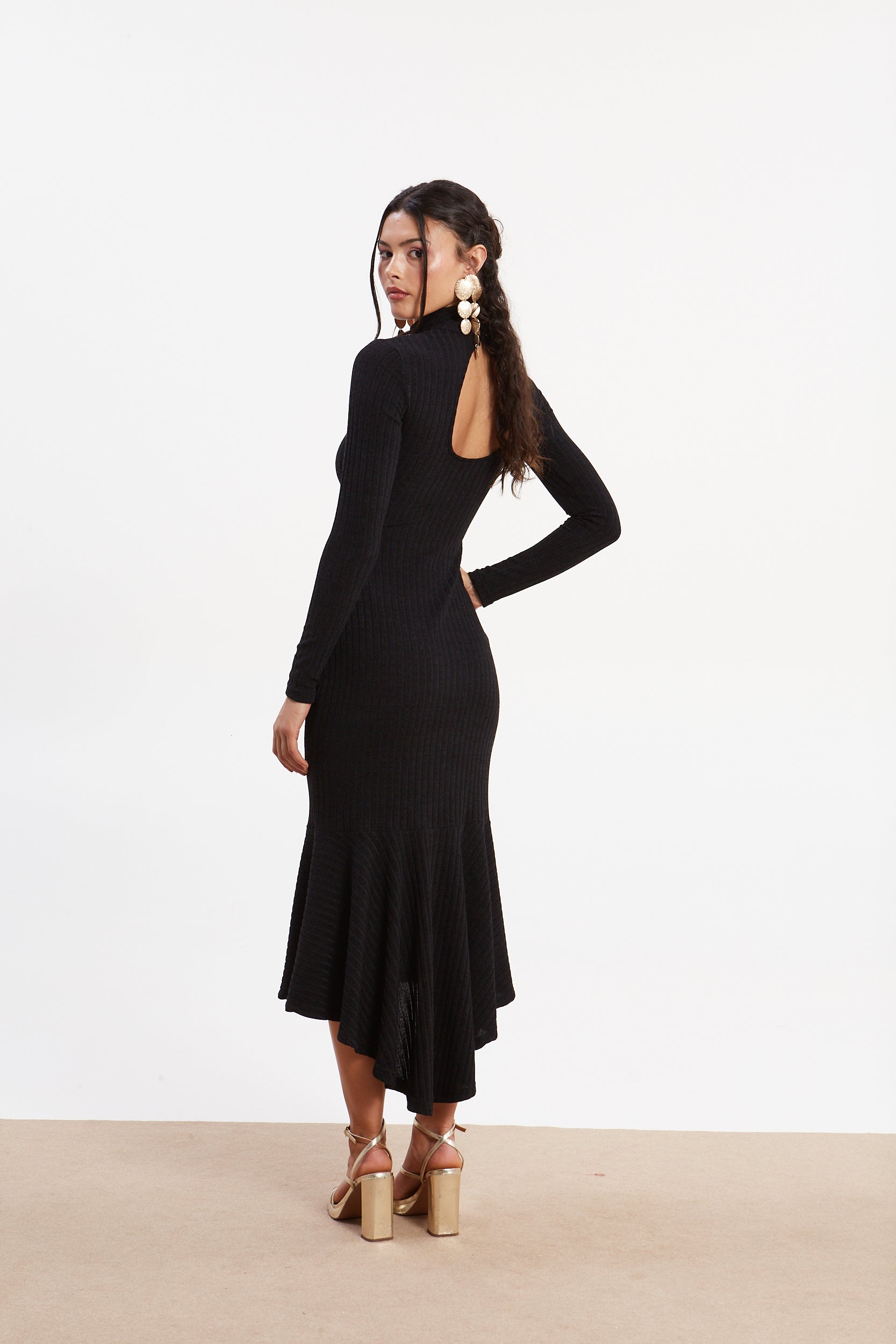 Matilda rib knit turtleneck black dress