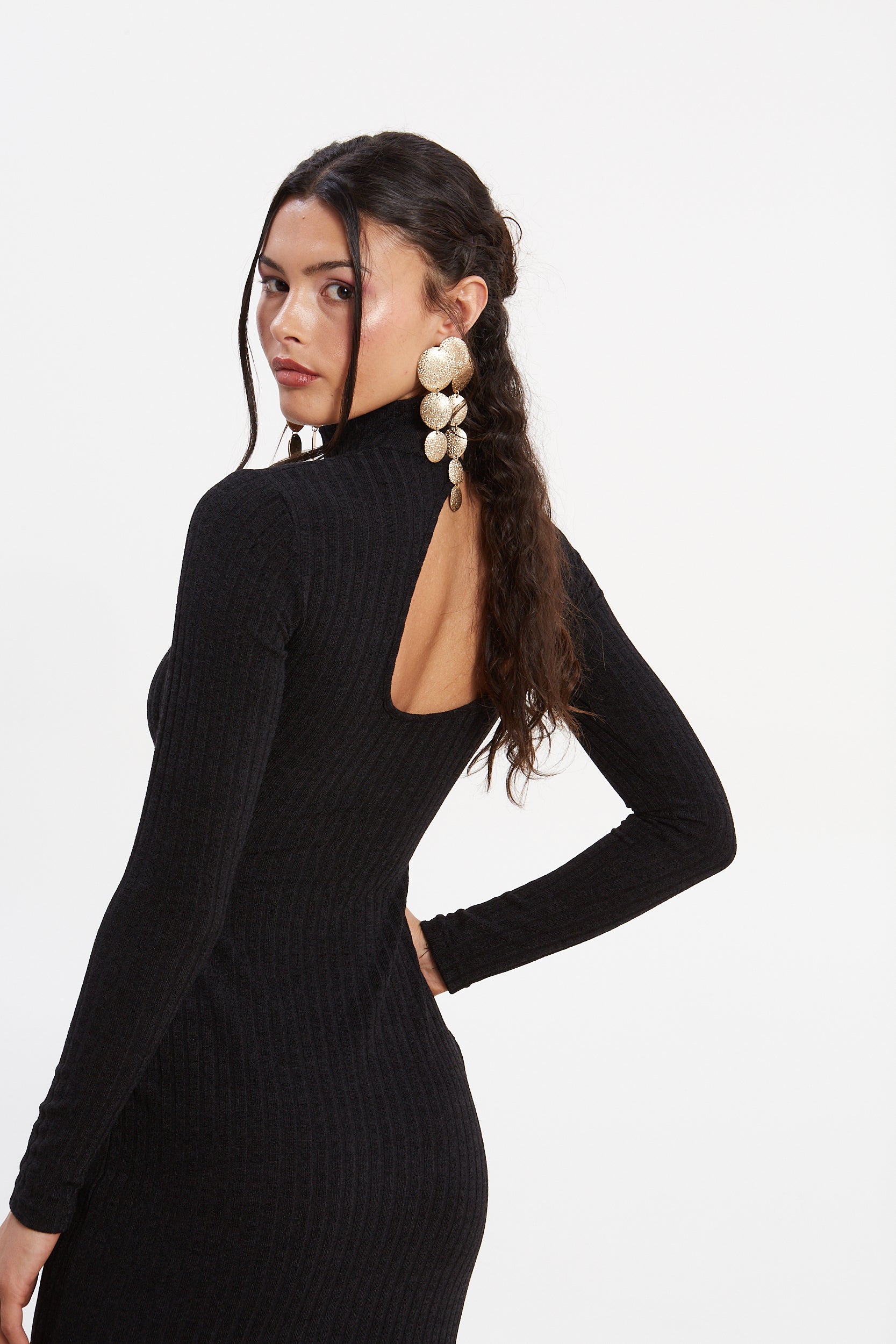 Matilda rib knit turtleneck black dress