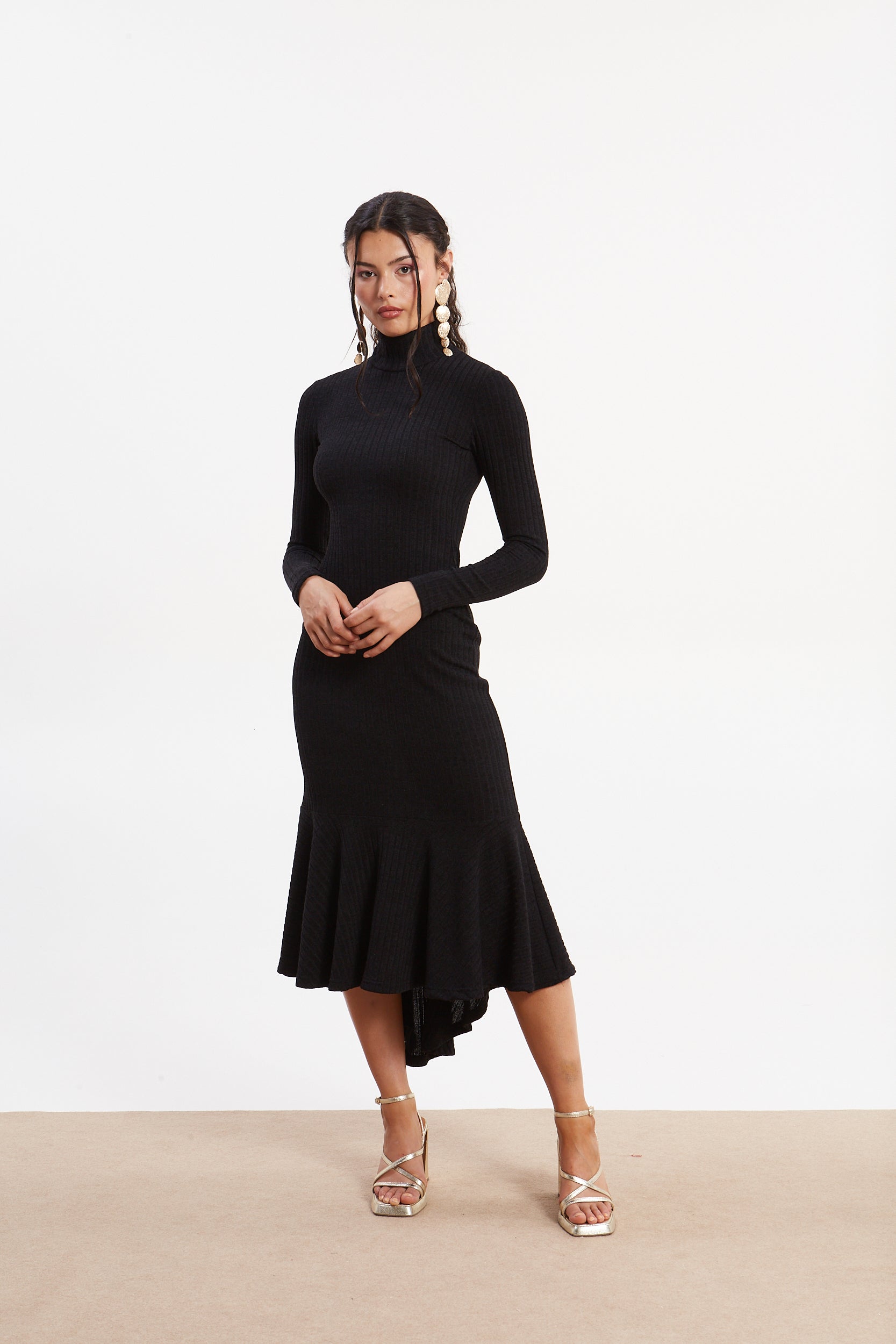 Matilda rib knit turtleneck black dress