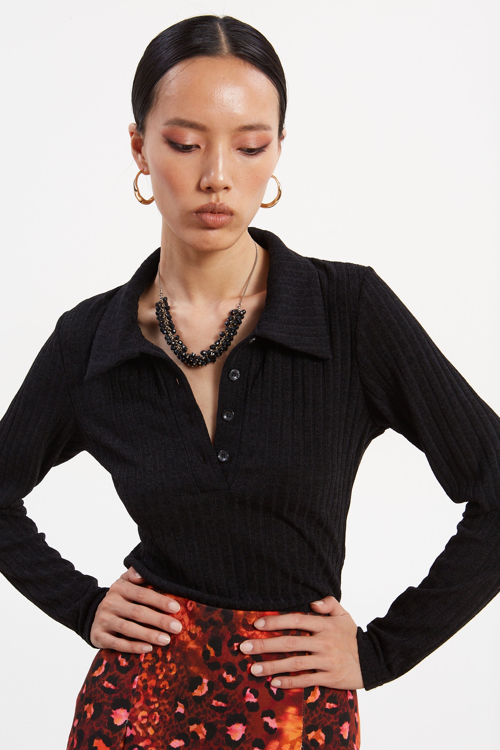 Matilda rib knit black polo top