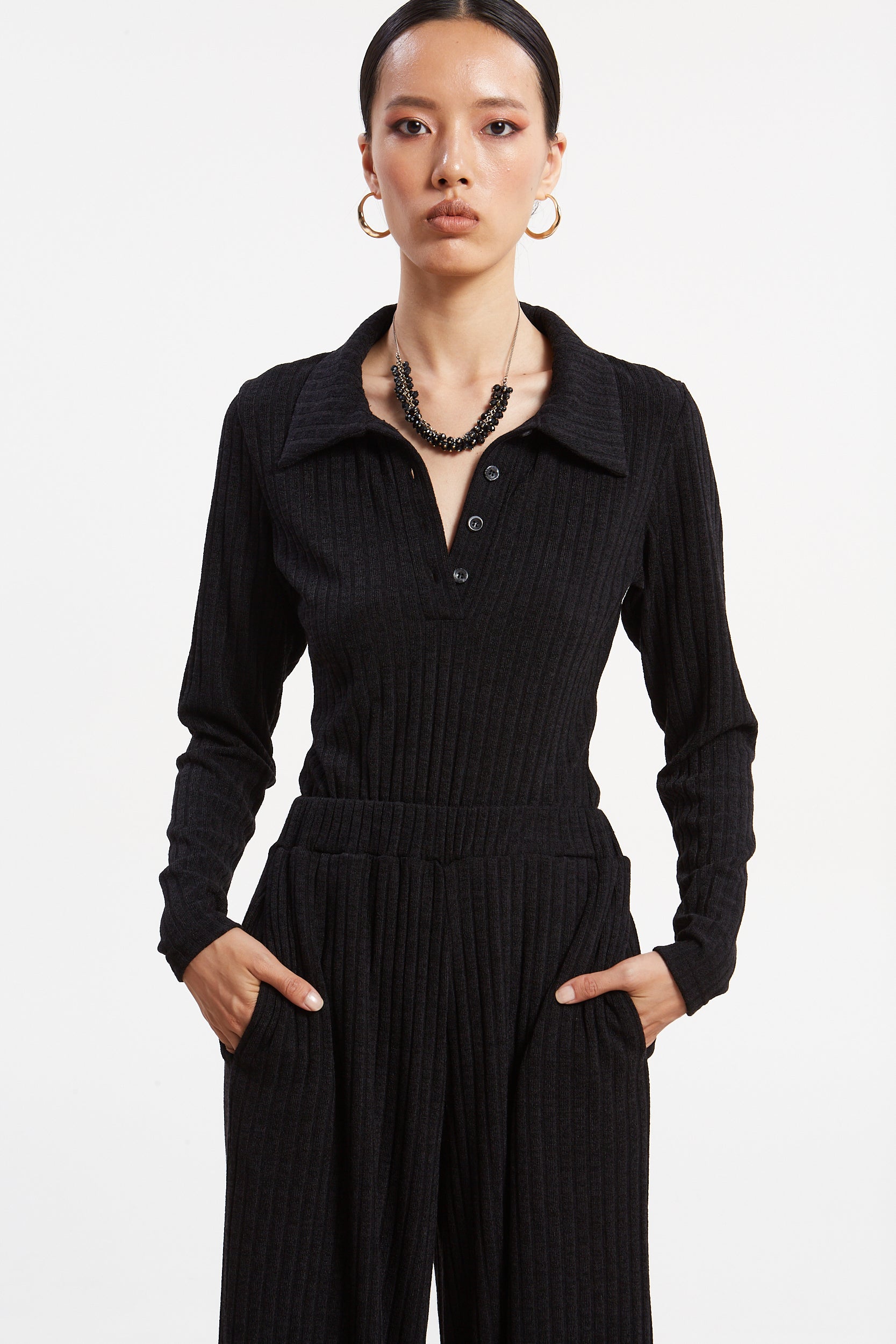 Matilda rib knit black polo top