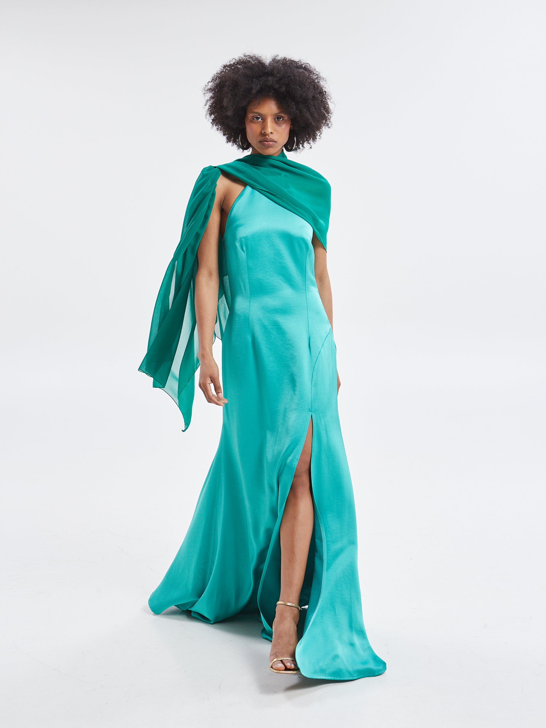 Noelia halterneck satin green dress