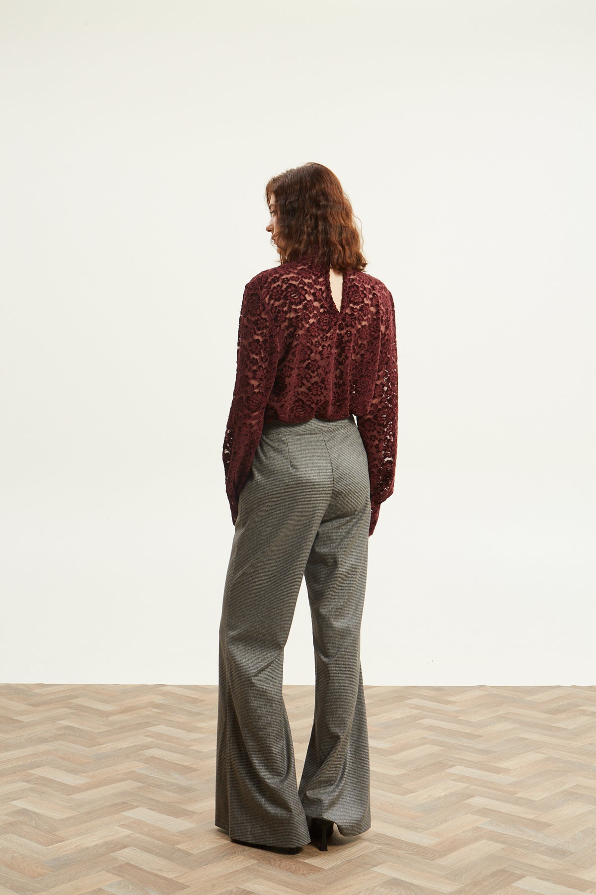 Davina lace tie neck bordeuax top