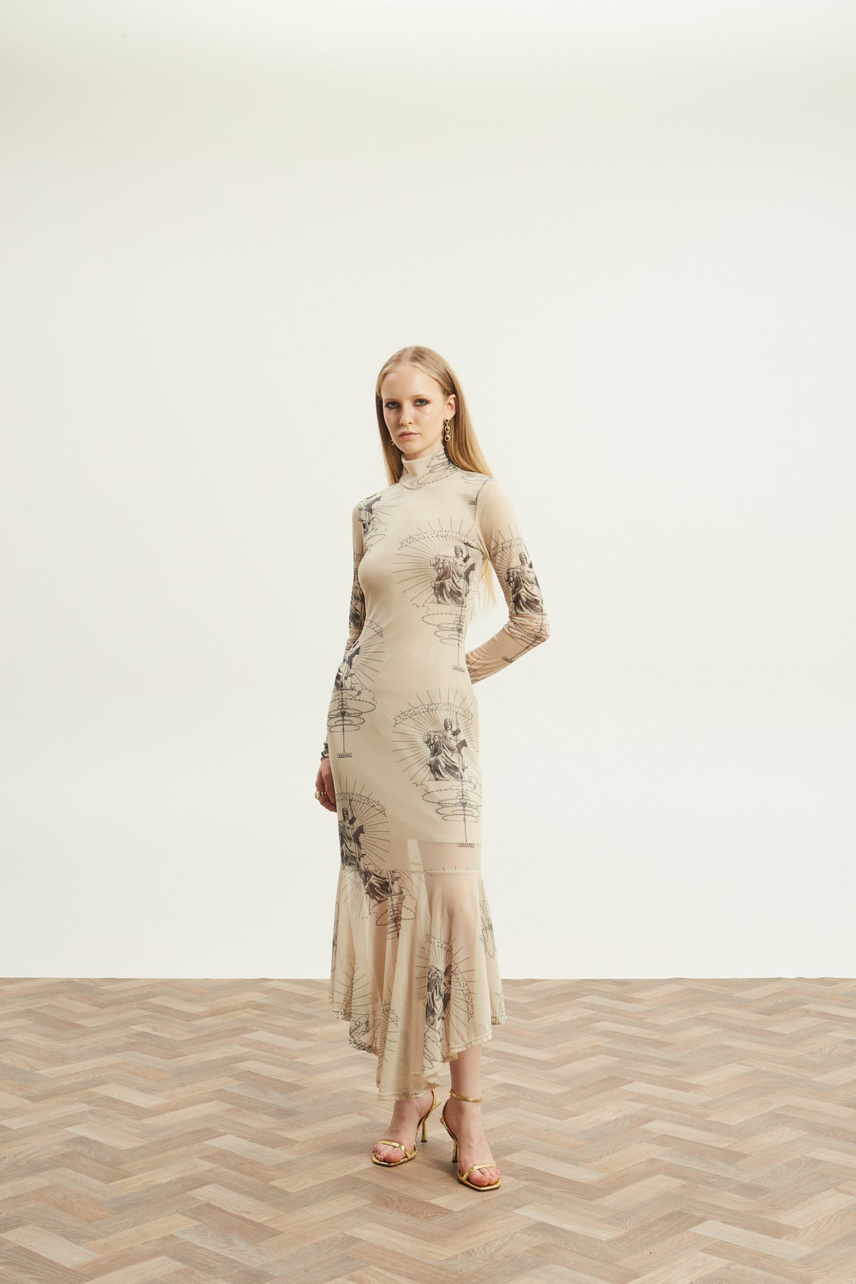 Ananke turtleneck mesh ecru dress