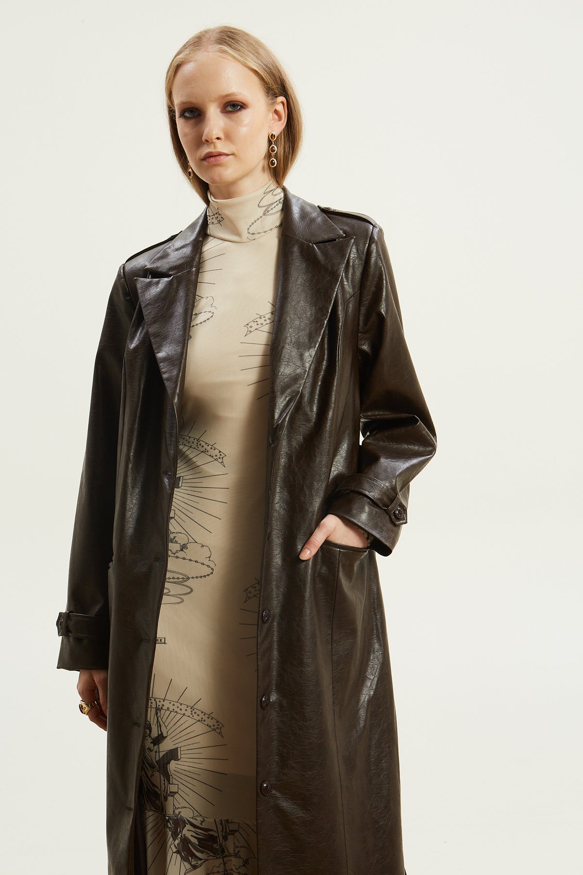 Livia eco leather brown trench coat