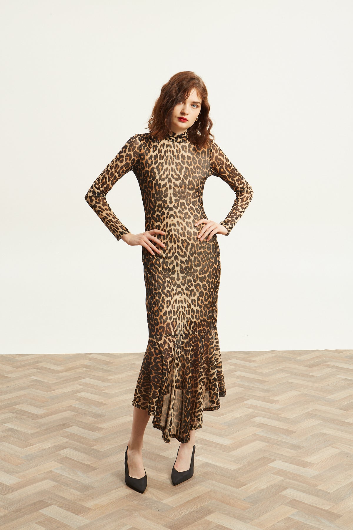 Victoria turtleneck mesh leopard dress