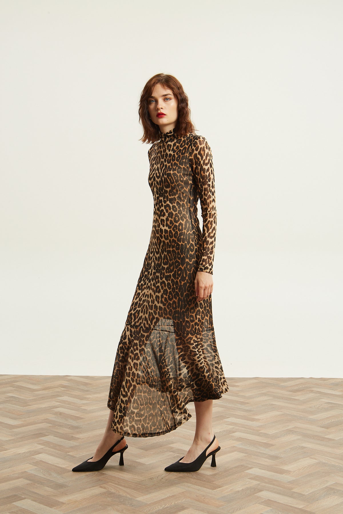 Victoria turtleneck mesh leopard dress