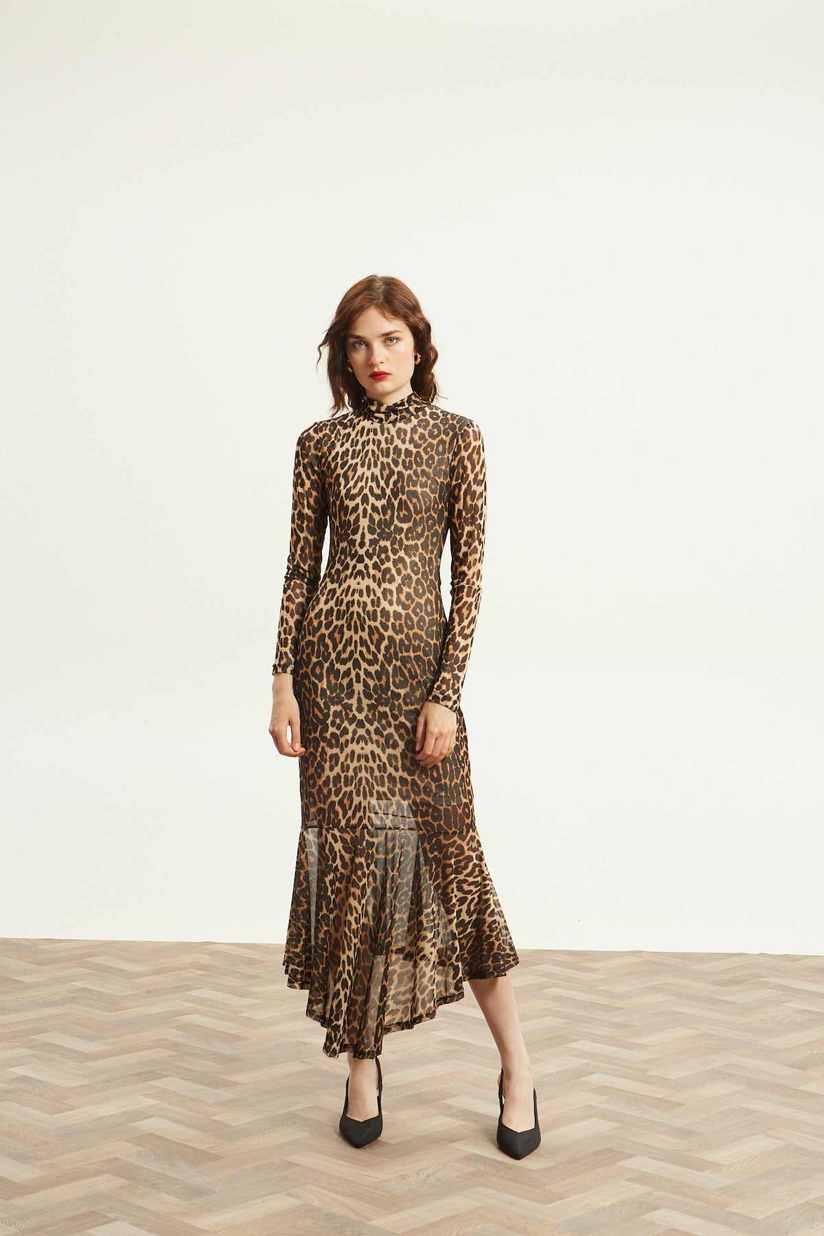 Victoria turtleneck mesh leopard dress
