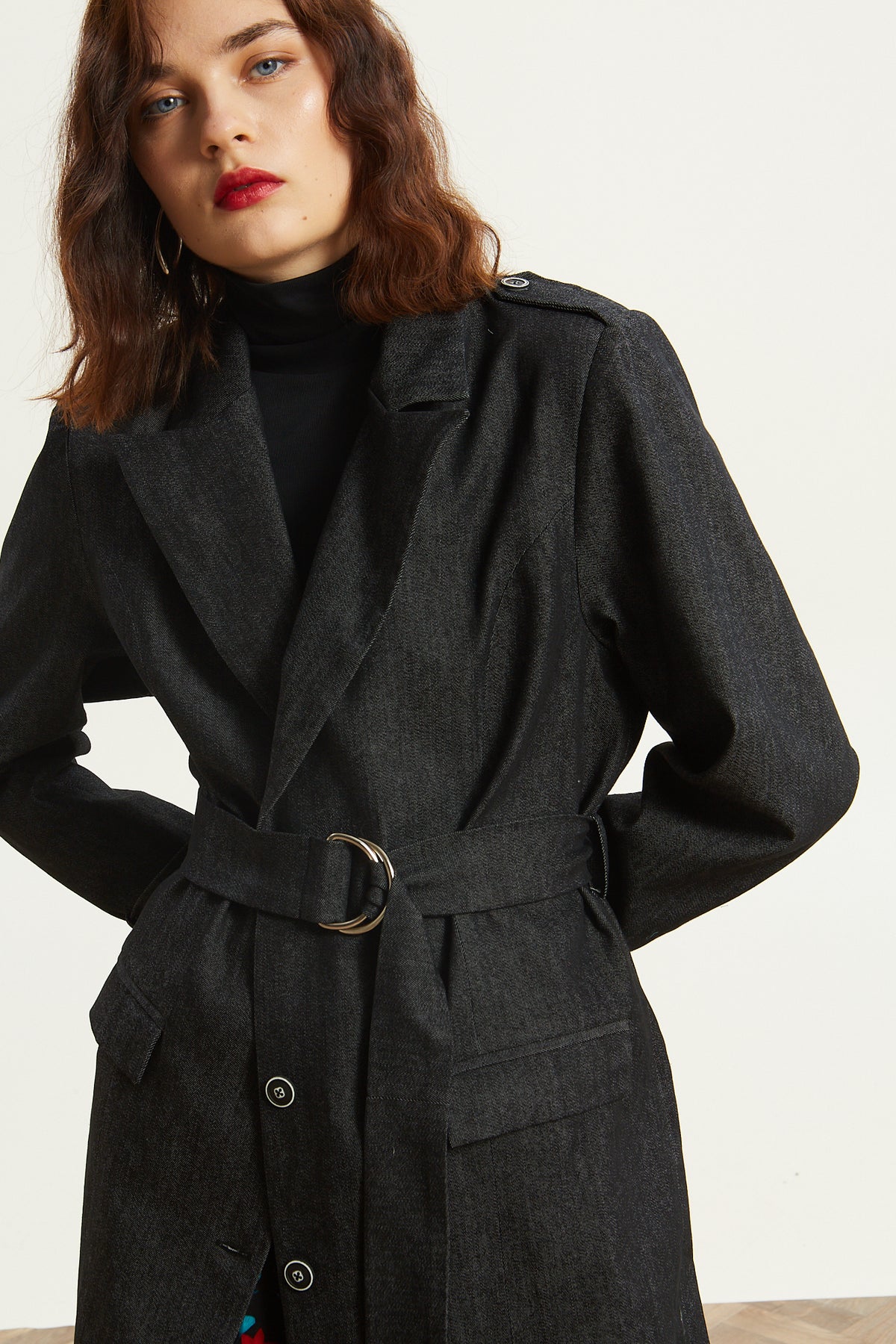 Kali denim black trench coat