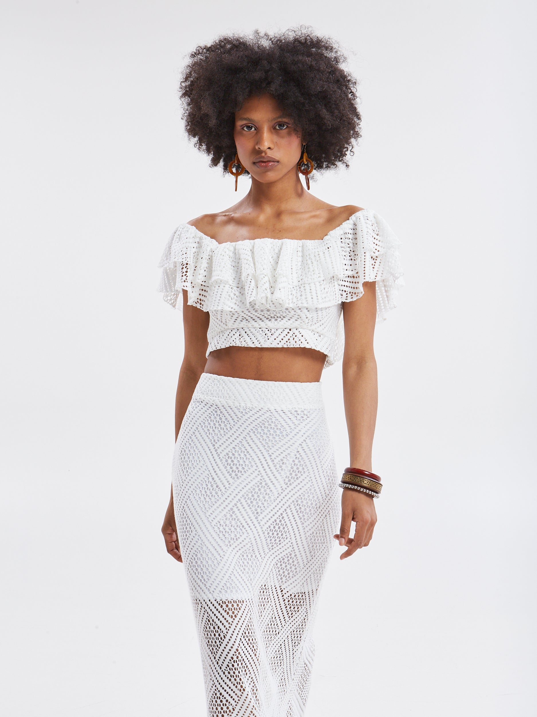 Nora knitted ruffle white top