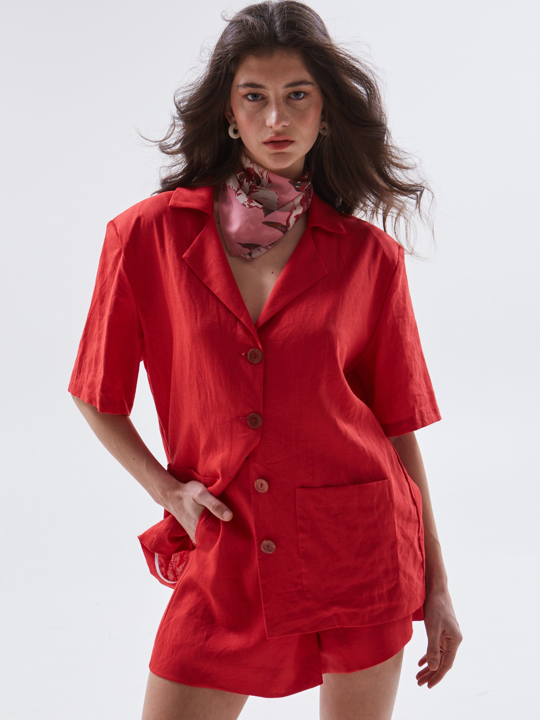 Maribel linen short sleeve red blazer