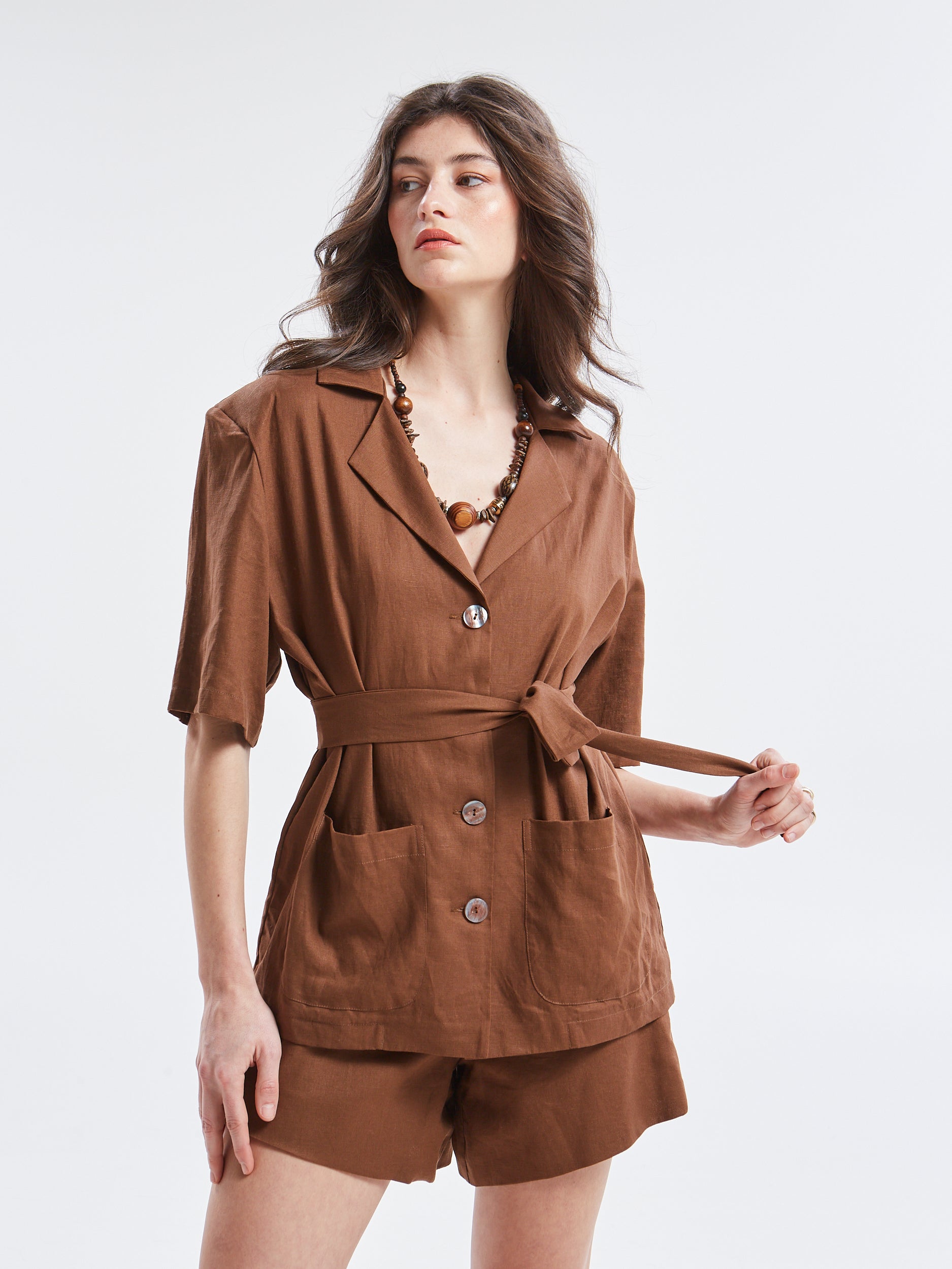 Maribel linen short sleeve brown blazer