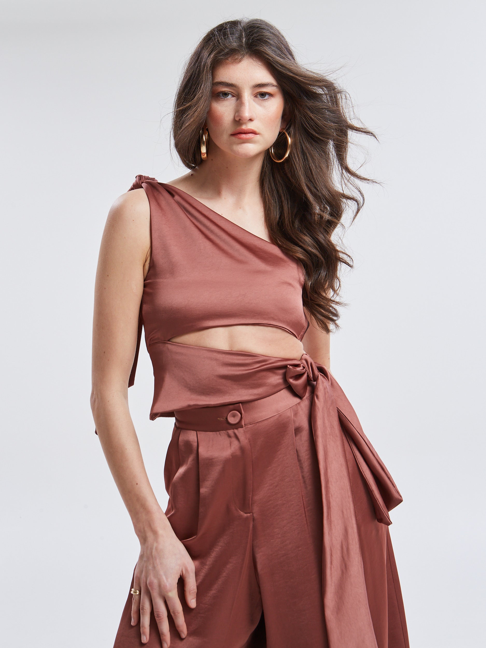 Noelia satin one shoulder brown top
