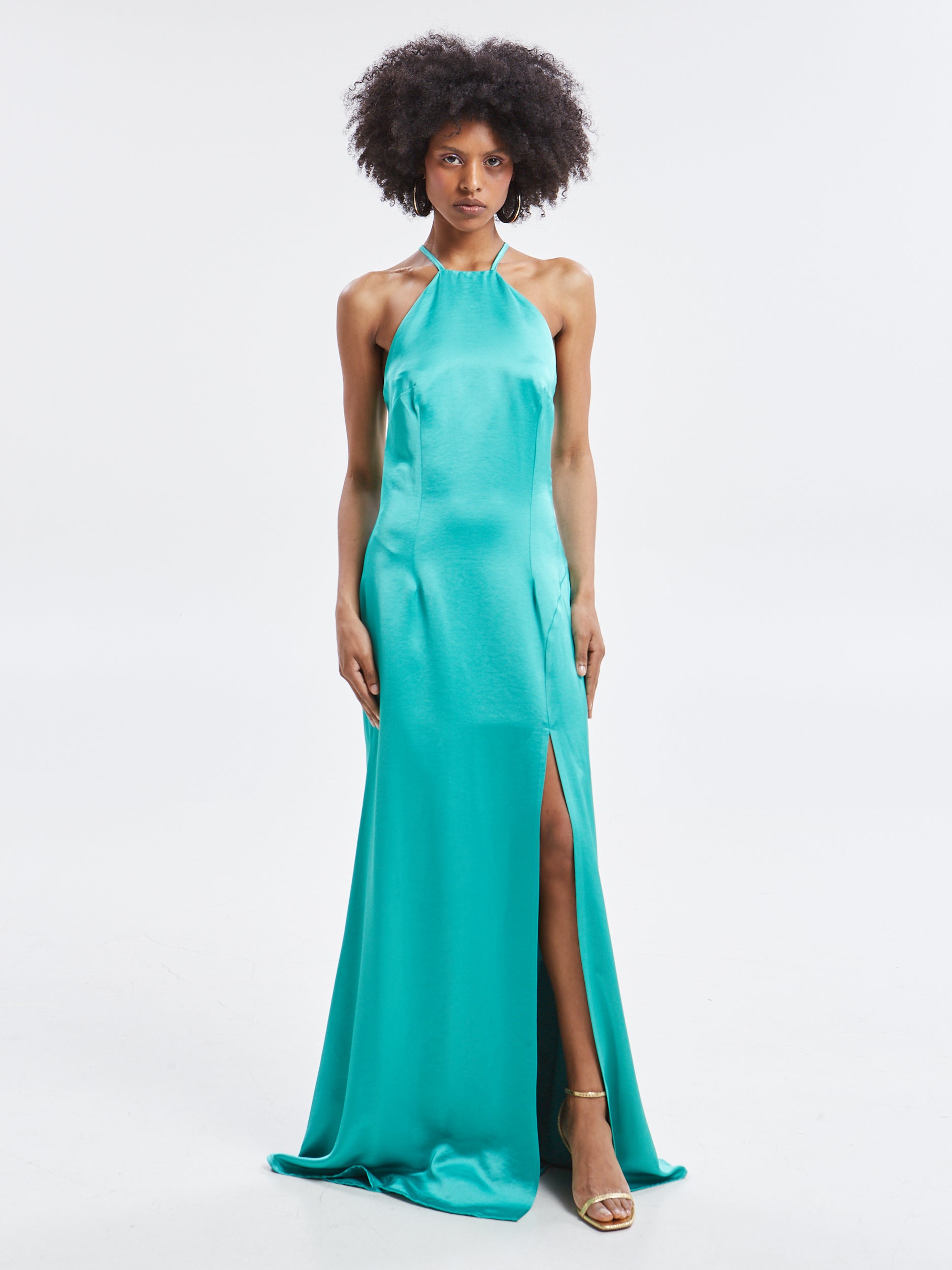 Noelia halterneck satin green dress