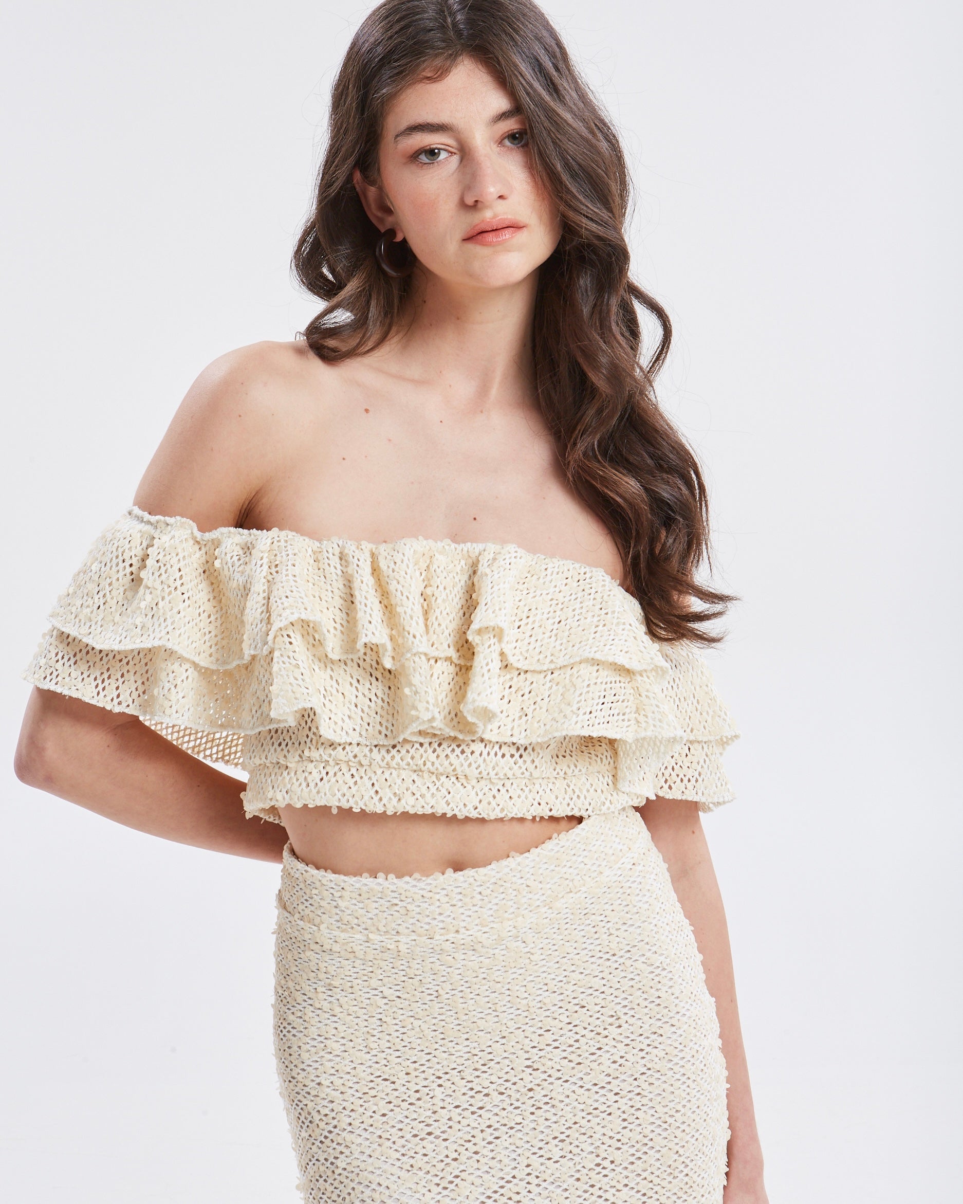 Estelle sequin ruffle ecru top