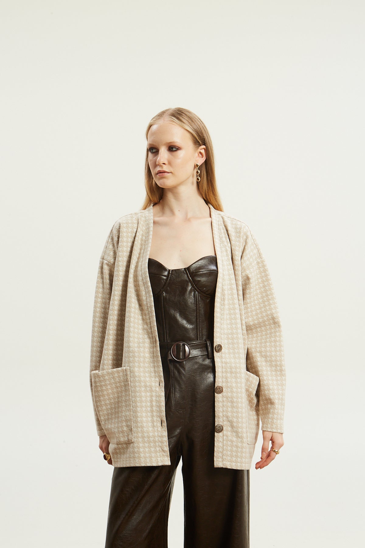 Leslie pied de poule beige cardigan