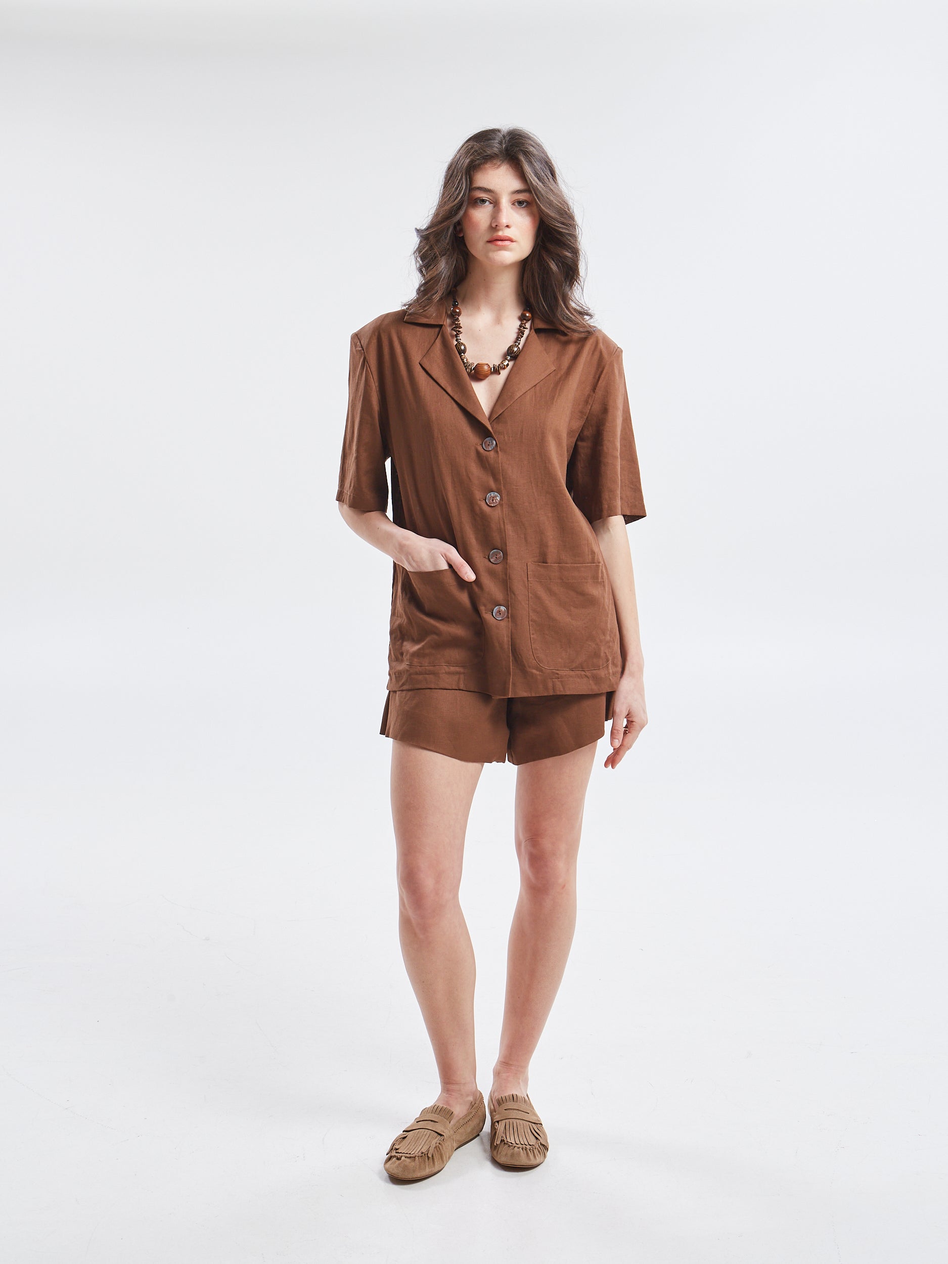 Maribel linen short sleeve brown blazer