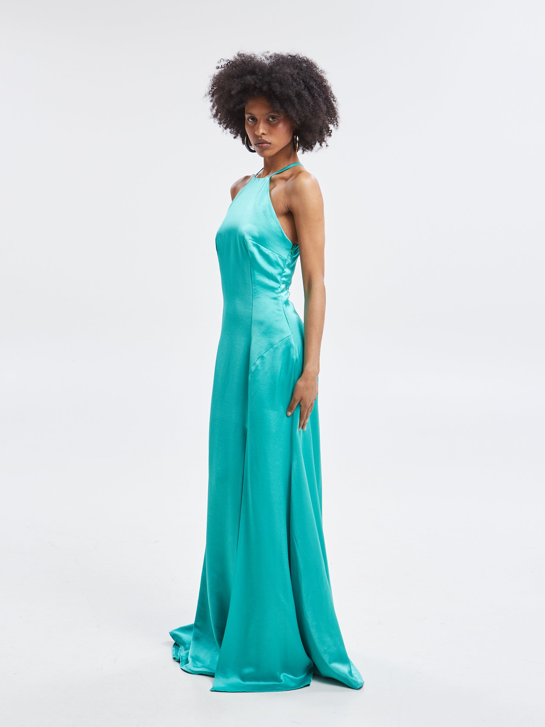 Noelia halterneck satin green dress