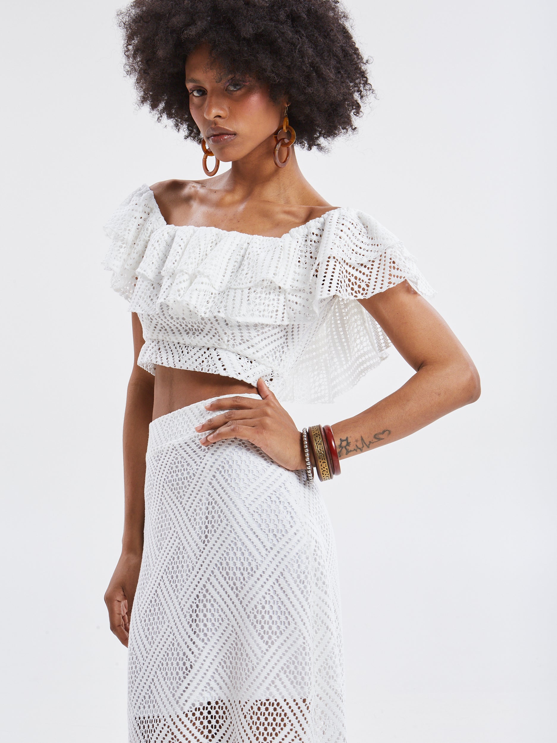 Nora knitted ruffle white top