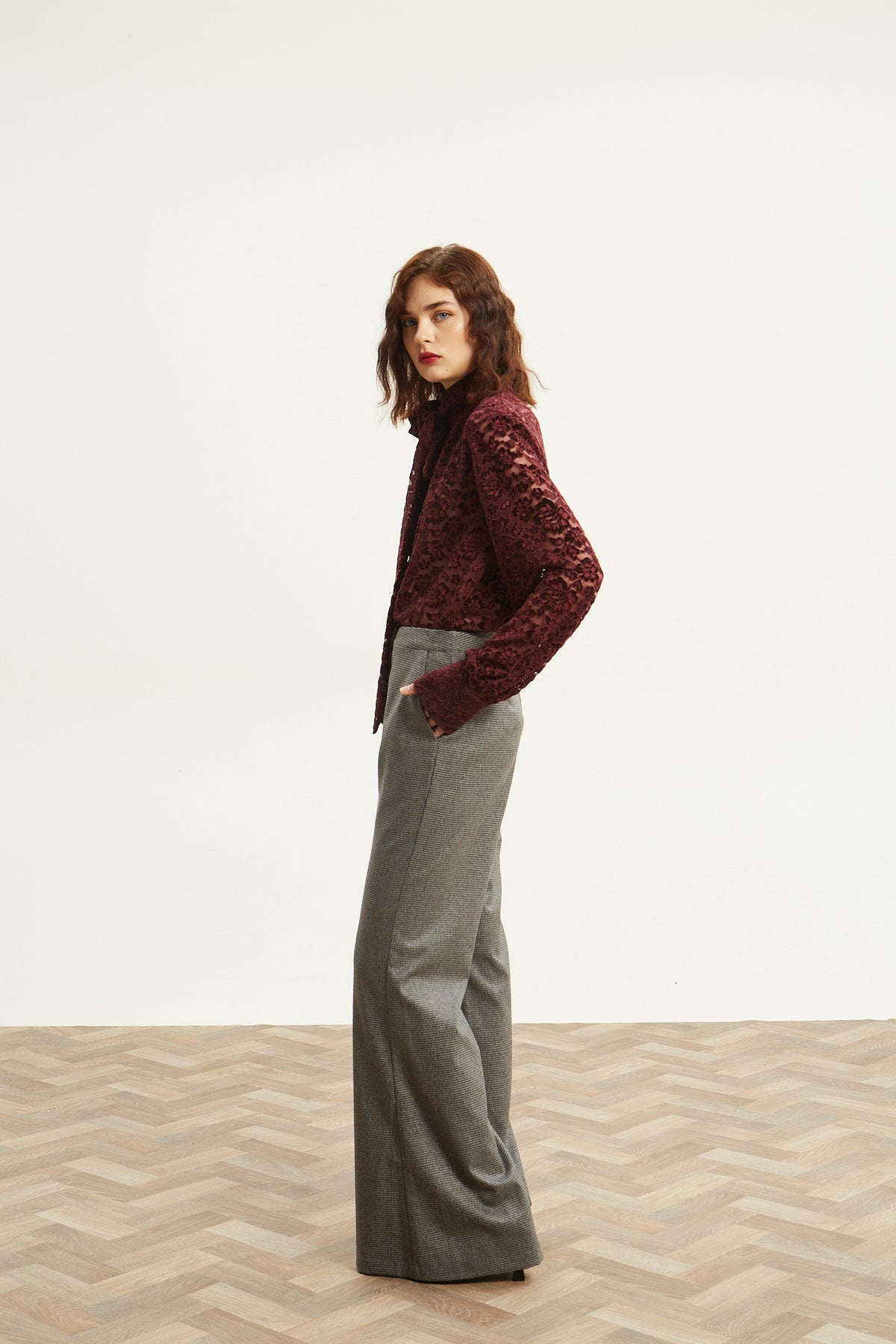 Davina lace tie neck bordeuax top