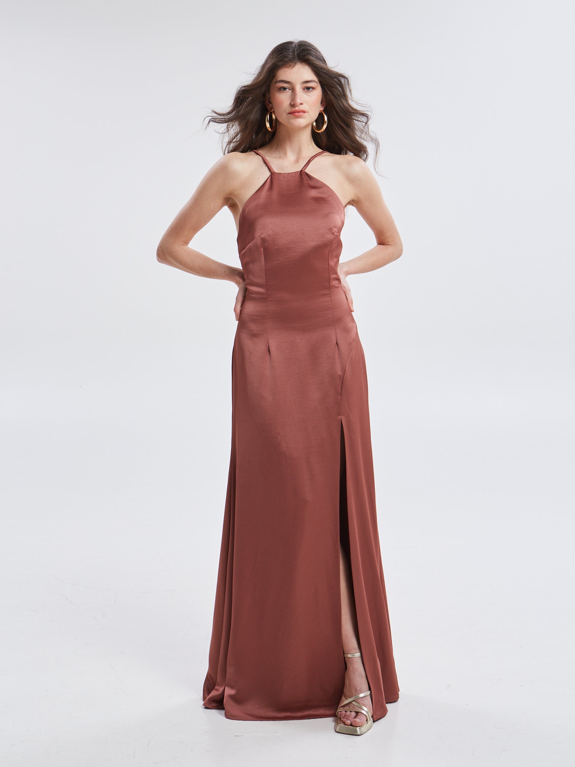 Noelia halterneck satin brown dress