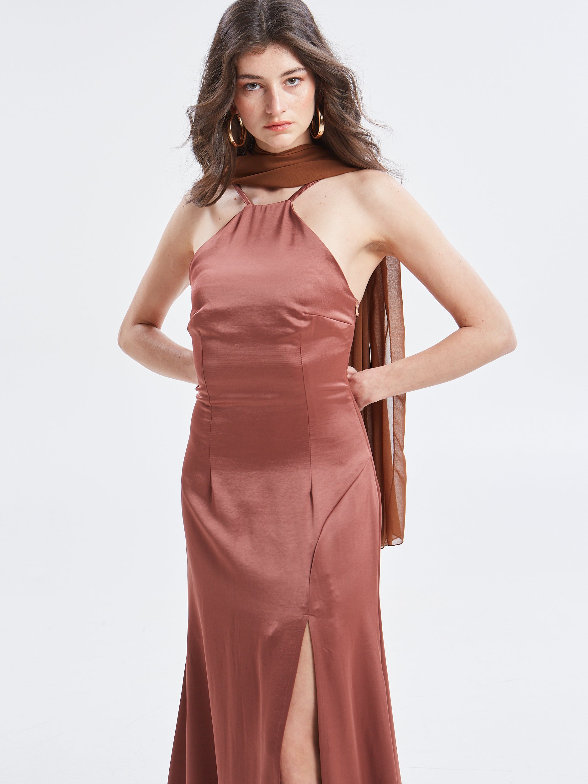 Noelia halterneck satin brown dress