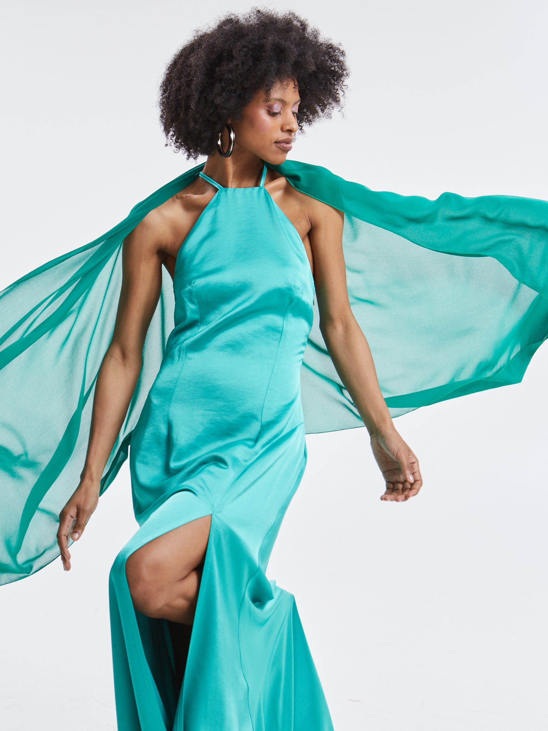 Noelia halterneck satin green dress