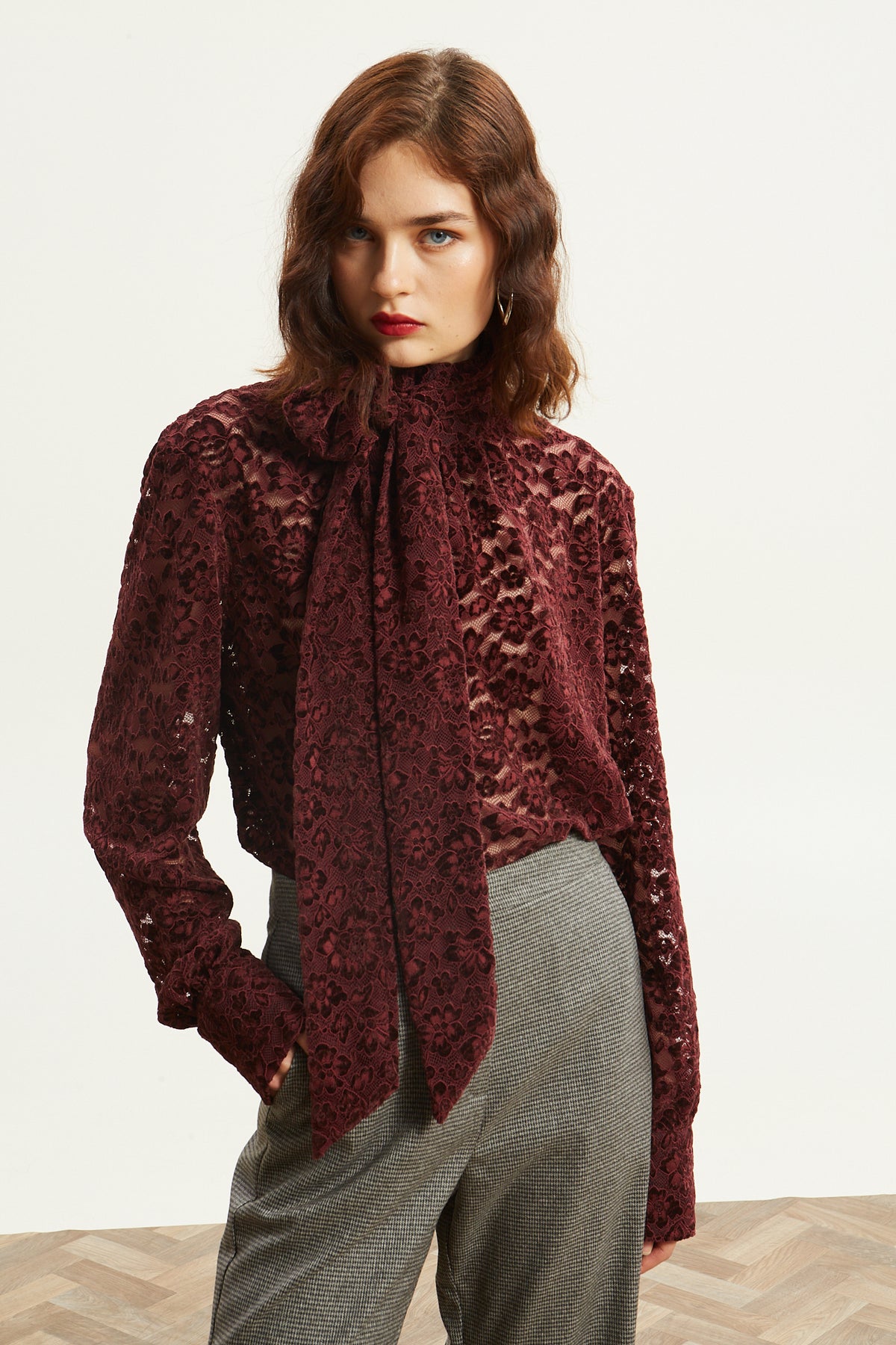 Davina lace tie neck bordeuax top