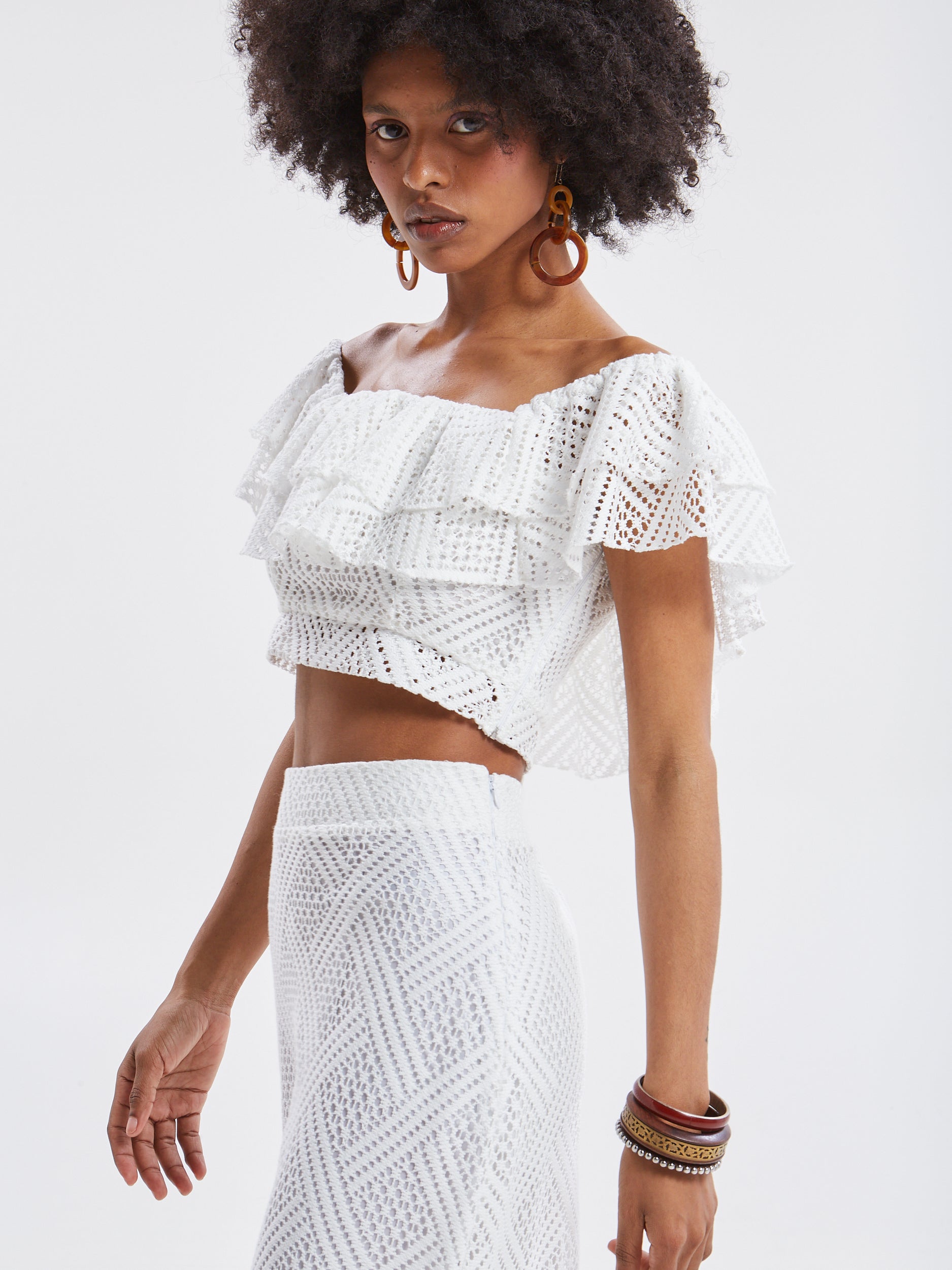 Nora knitted ruffle white top