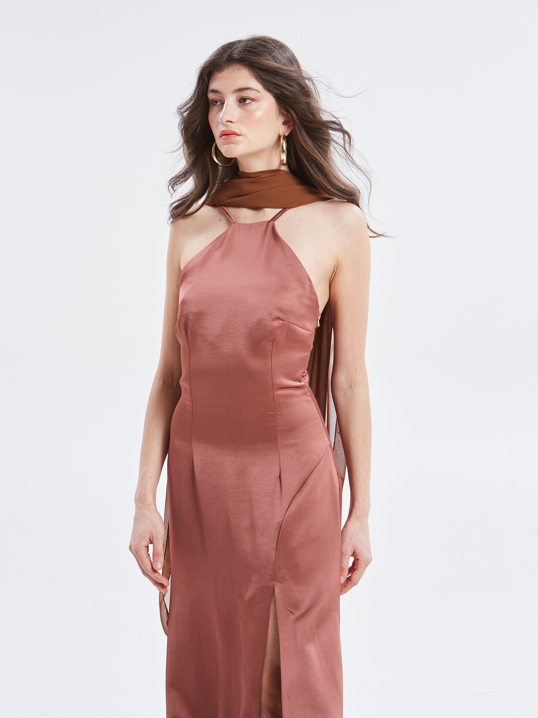 Noelia halterneck satin brown dress