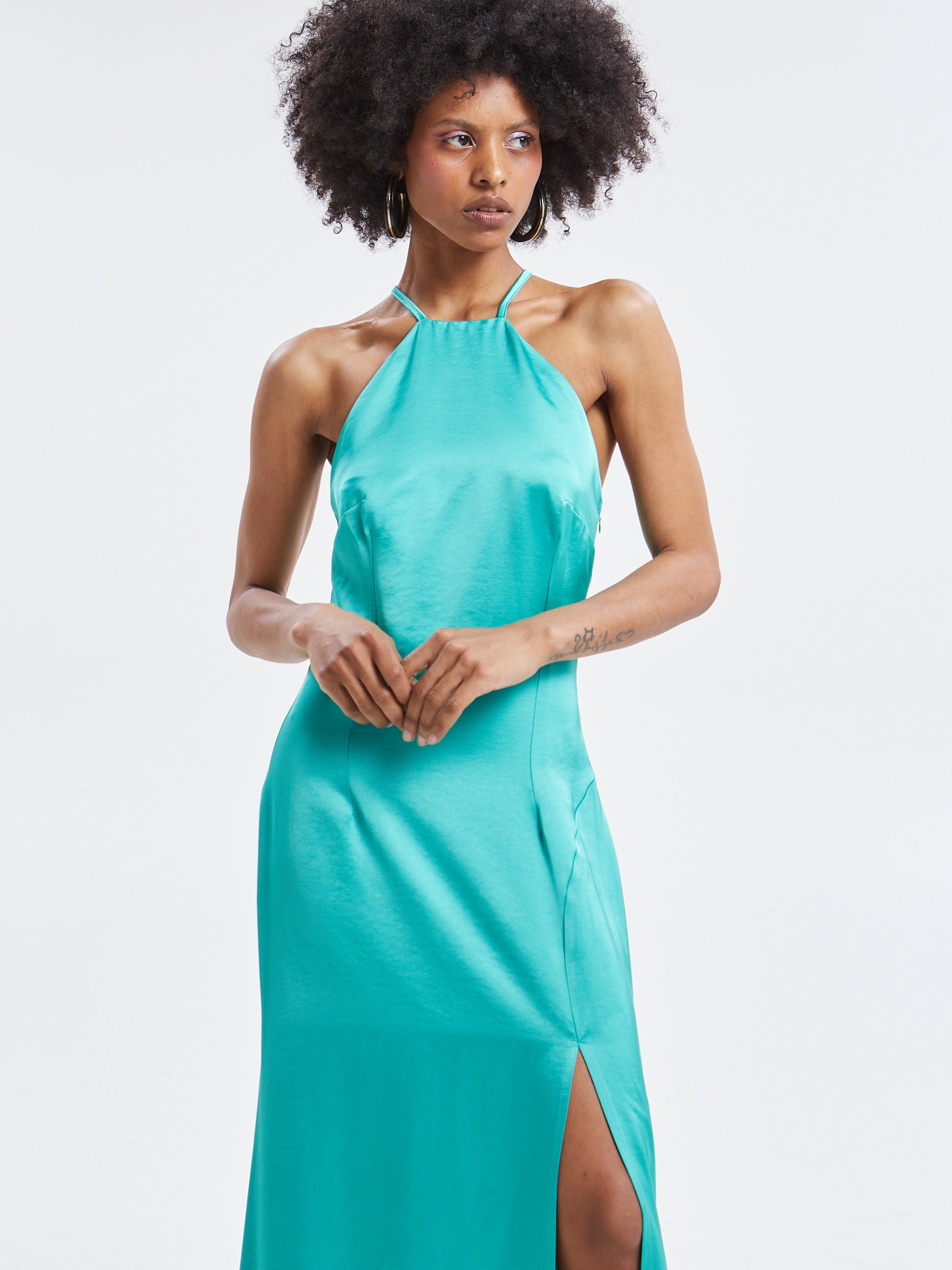 Noelia halterneck satin green dress