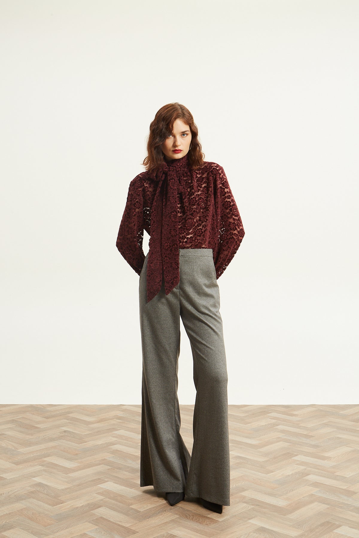 Davina lace tie neck bordeuax top