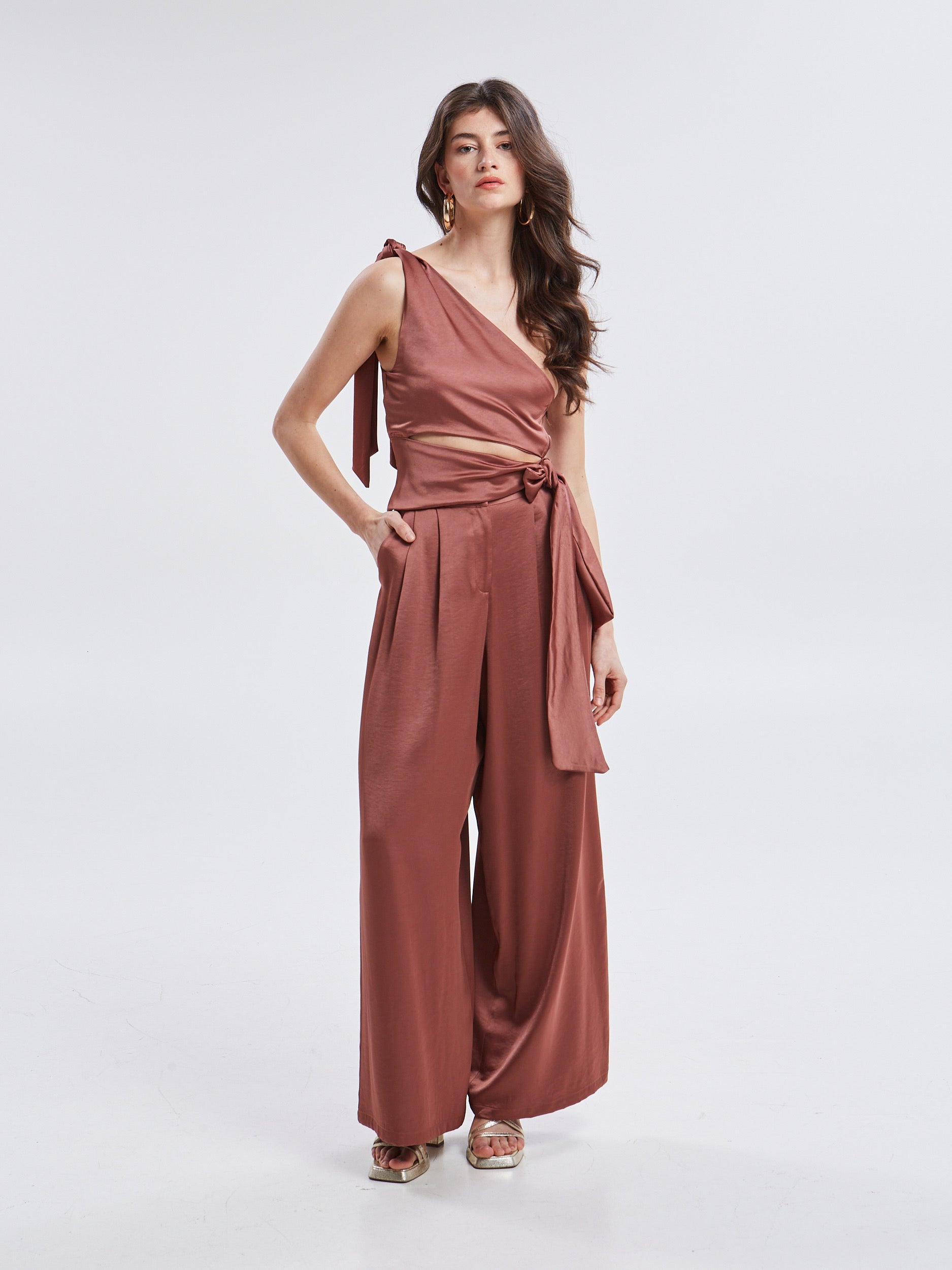 Noelia satin brown pants